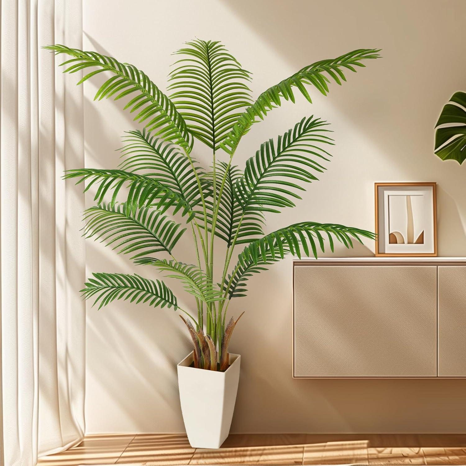 Artificial Palm Tree 5FT - Fake Tree with White Tall Planter - Faux Tropical Floor Plant in Pot - Artificial Silk Plant for Home Office Living Room Decor Indoor