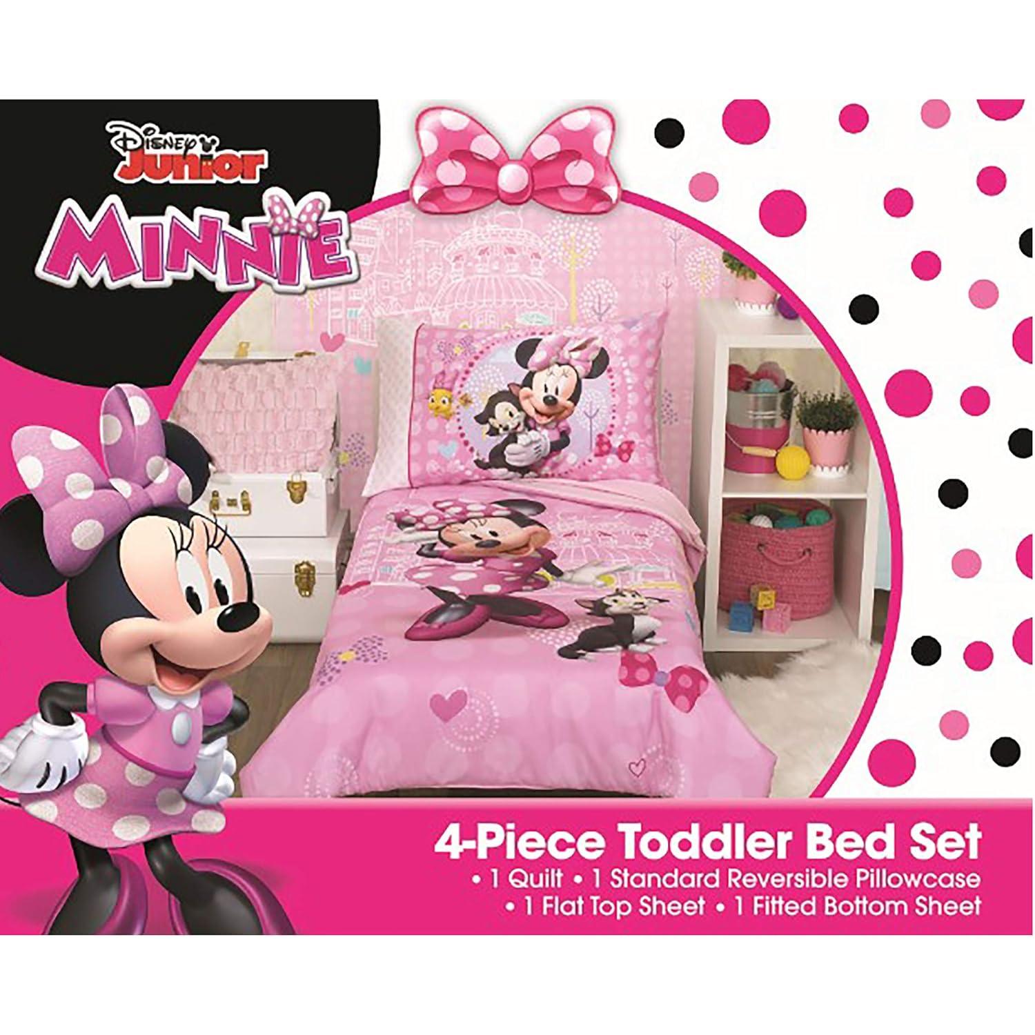 Disney Minnie Mouse 4 Piece Bedding Sets, Toddler Bed with Comforter, Fitted Sheet, Flat Top Sheet, Pillowcase
