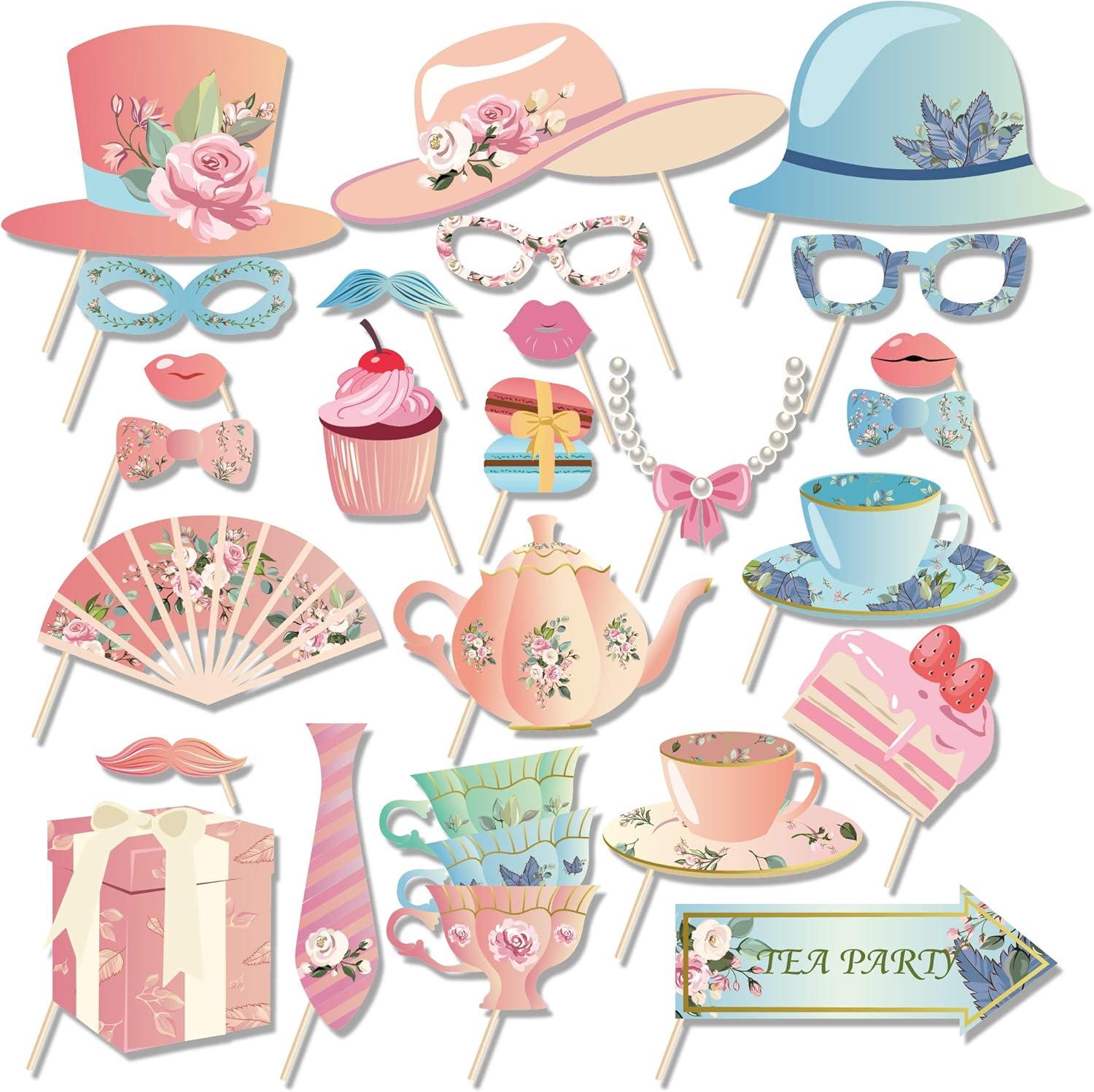 25Pcs Tea Party Photo Booth Props Kit DIY Teacup,Teapot Theme Selfie Props Garden Decorations Tea Party Decor for Girl Women Birthday Home Decor