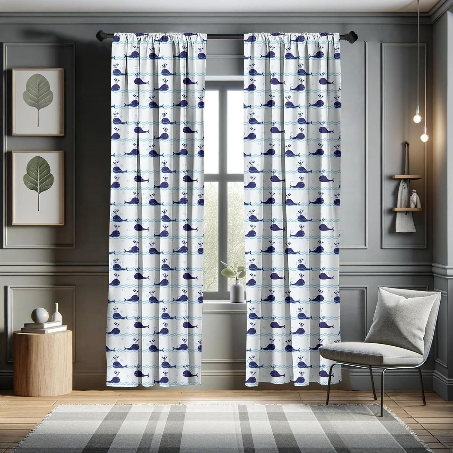 Pale Blue Navy Whale Print Room-Darkening Curtain Panels