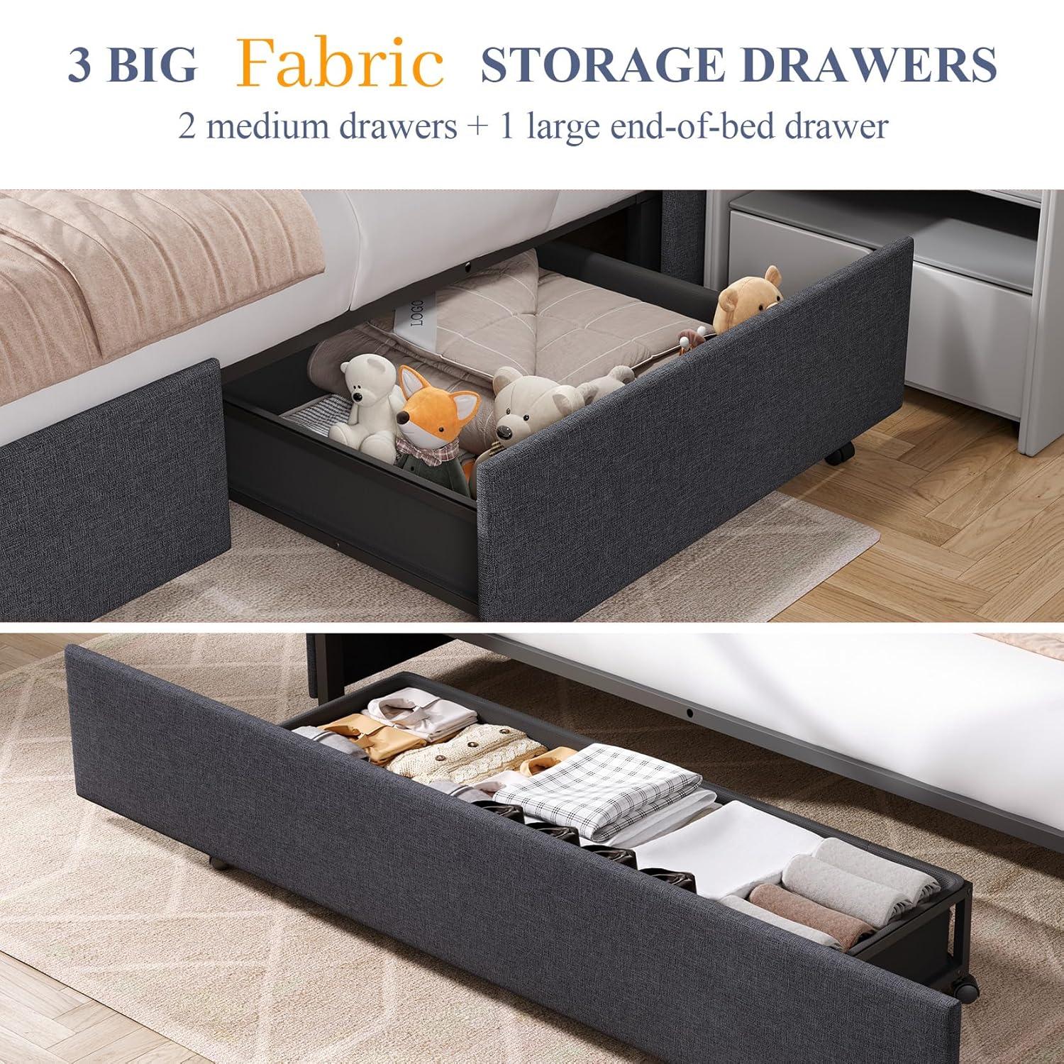 Amolife Base de Cama con Plataforma Tapizada Tamaño Queen con 3 Cajones de Almacenamiento, Gris Oscuro