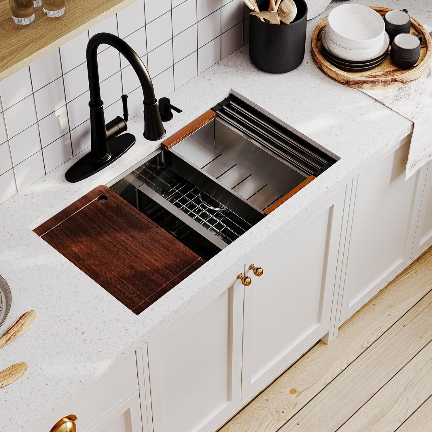 CASAINC Undermount Kitchen Sink Workstation - 33x19x10 Double Bowl Kitchen Sink,16 Gauge Multifunctional Step Kitchen Sinks Set, Nano Material Stainless Steel Sink with Accessories(Pack of 5)