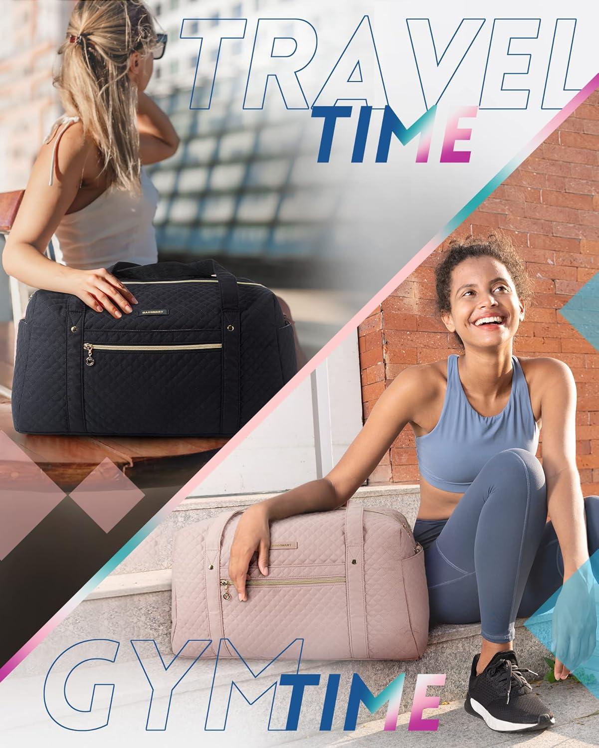 Travel Duffle Bag, BAGSMART 3 Pcs Set Weekender Overnight Bag for Women with Makeup Bag & Clear Toiletry Bag, Carry On Bag with Shoe Compartment for Travel, Business Trips(Black)