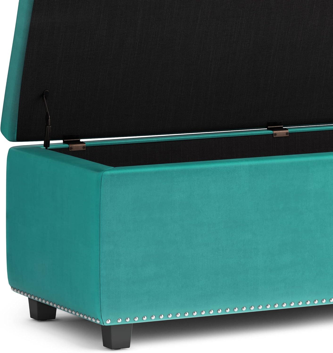 Simpli Home Hamilton 48 inch Wide Traditional Rectangle Storage Ottoman in Aqua Blue Velvet Fabric