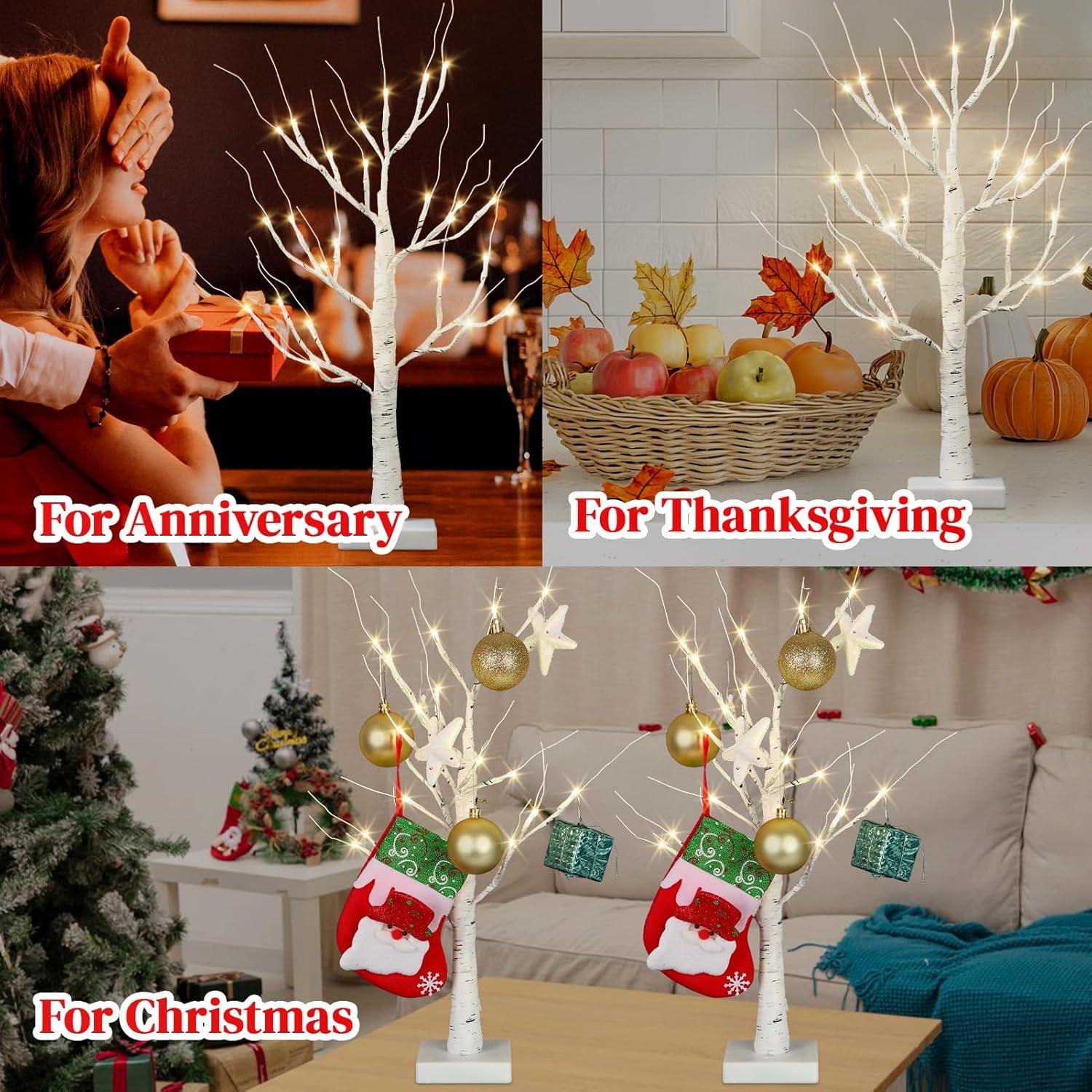 Bonbons 2 Pack Christmas Tree with LED Lights,  2ft Birch Tree for Table Decor,  Battery Powered with Timer Function