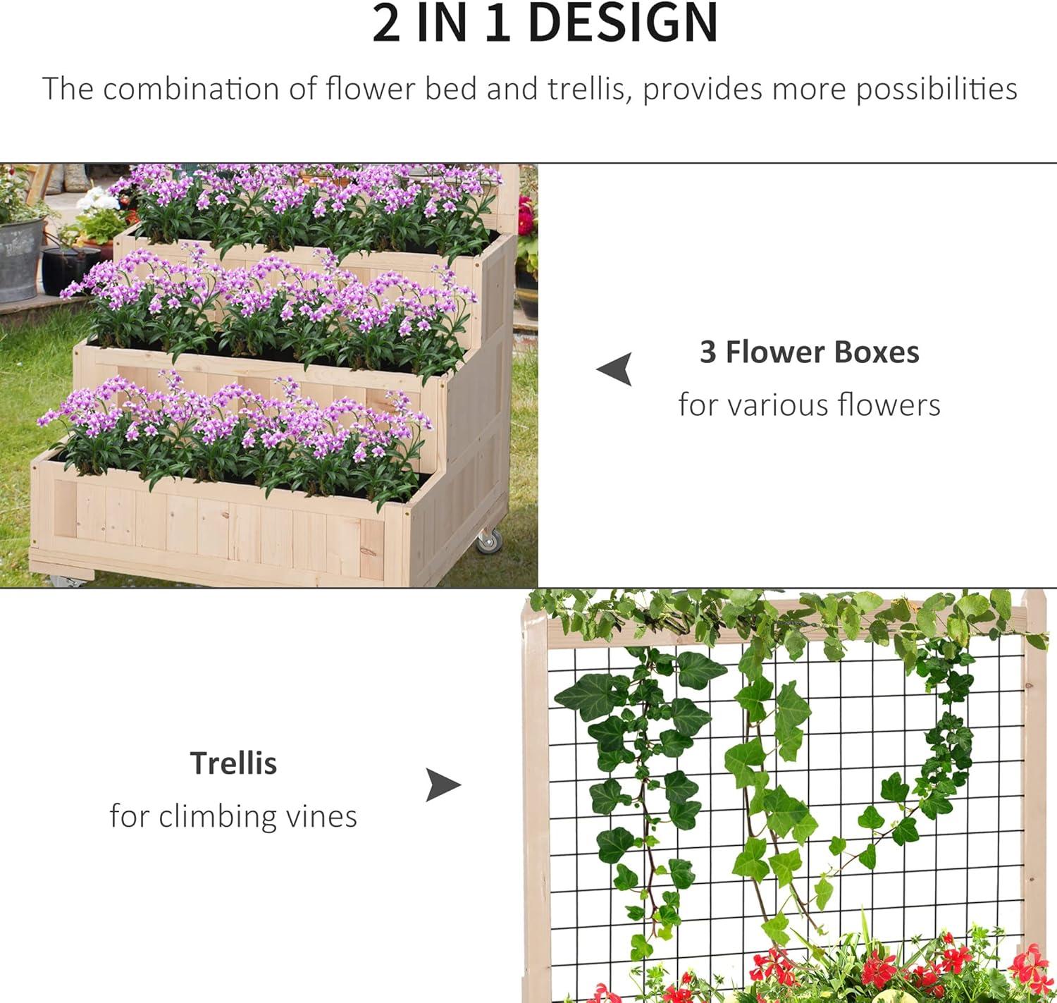 Natural Wood 3-Tier Raised Garden Bed with Trellis and Wheels