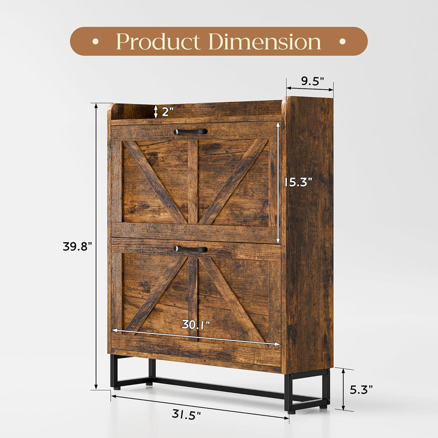Clearance! BTMWAY Shoe Cabinet with 2 Flip Drawers, Narrow Shoe Storage Cabinet for Entryway, Freestanding Shoe Organizer with Metal Legs, Rustic Brown