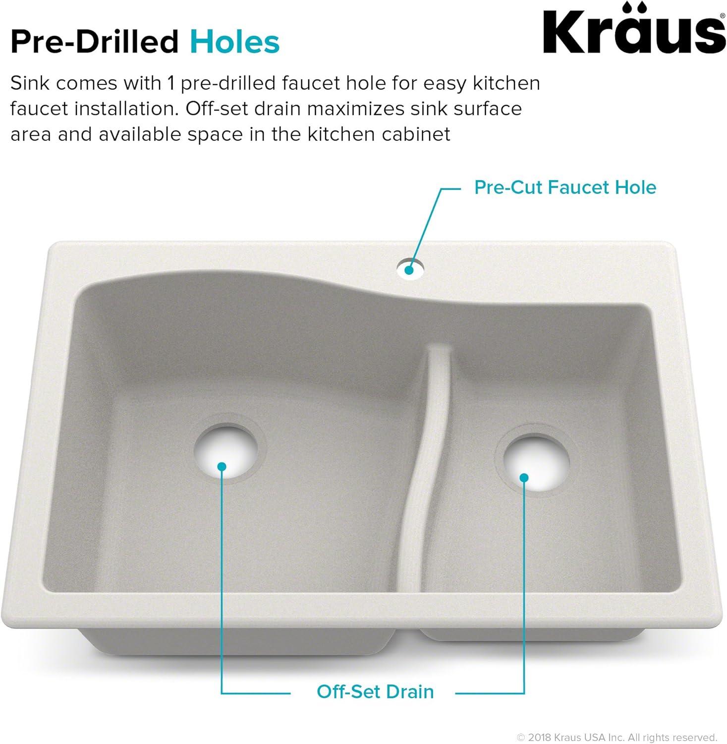 Kraus KRAUS Quarza™ 33" L Dual Mount 60/40 Double Bowl Granite Kitchen Sink and Strainers KGD-442WHITE-PST1-WH