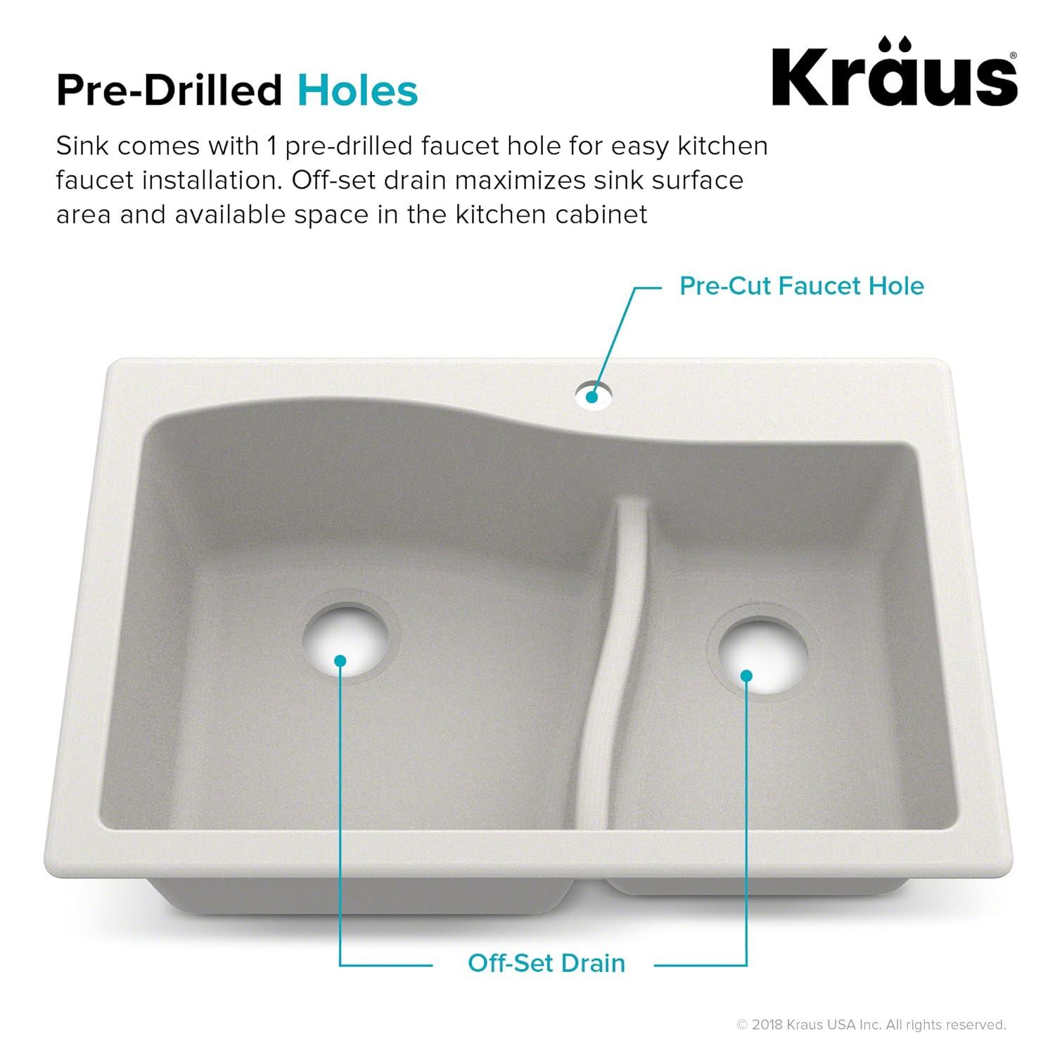 Kraus KRAUS Quarza™ 33" L Dual Mount 60/40 Double Bowl Granite Kitchen Sink and Strainers KGD-442WHITE-PST1-WH