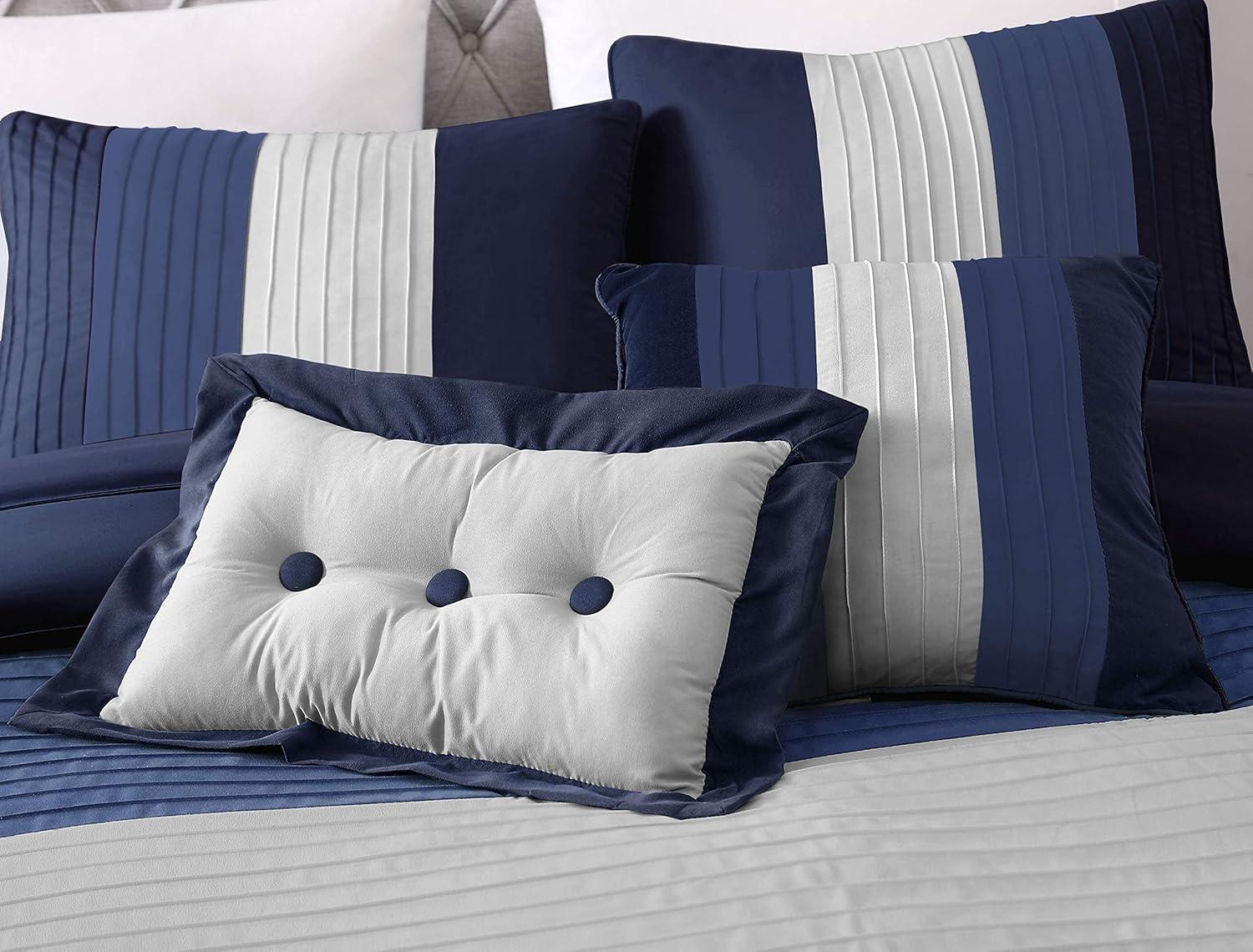 Navy and Gray Queen 8-Piece Striped Comforter Set