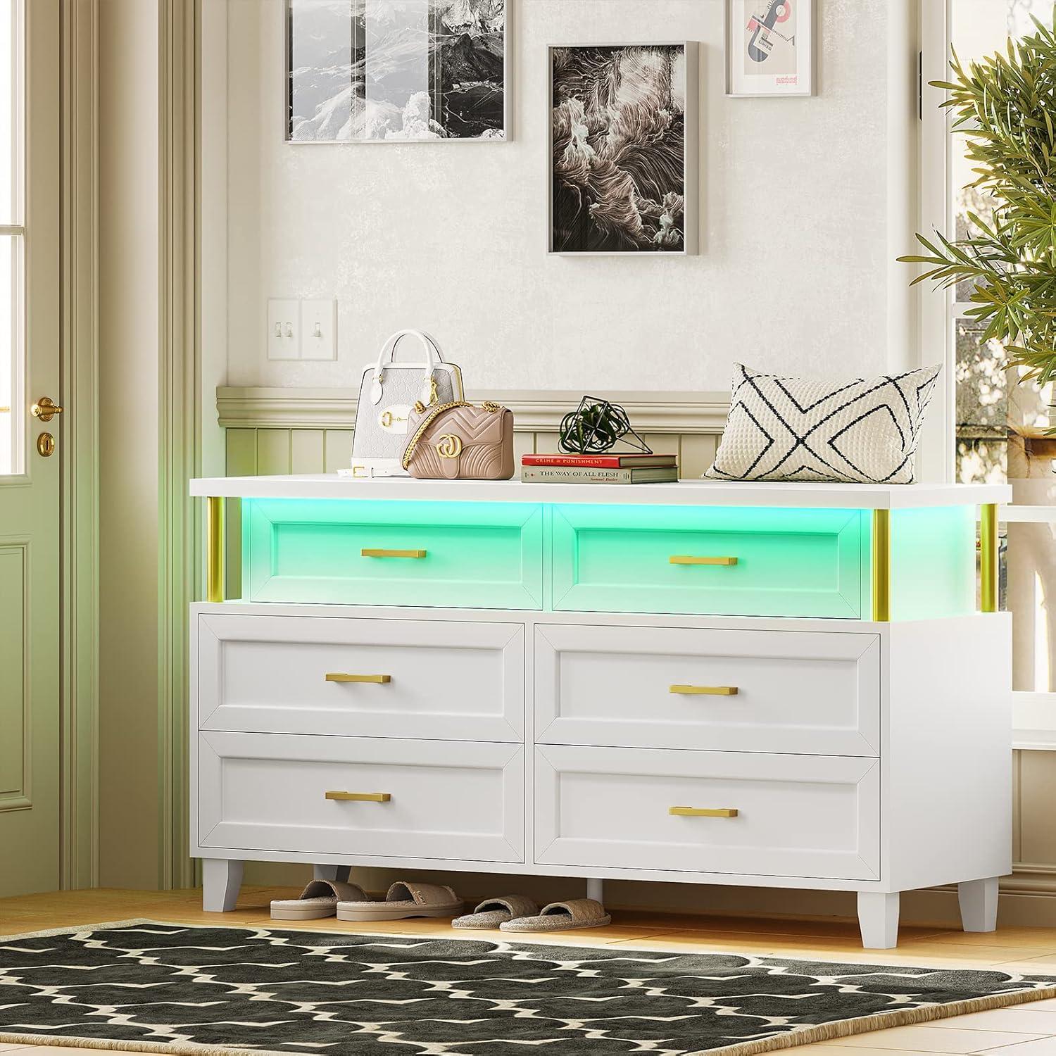 White 6 Drawer Dresser with Led Light,Dresser for Bedroom, Dressers & Chests of Drawers with Column Design, Modern Bedroom Wood Long Closet