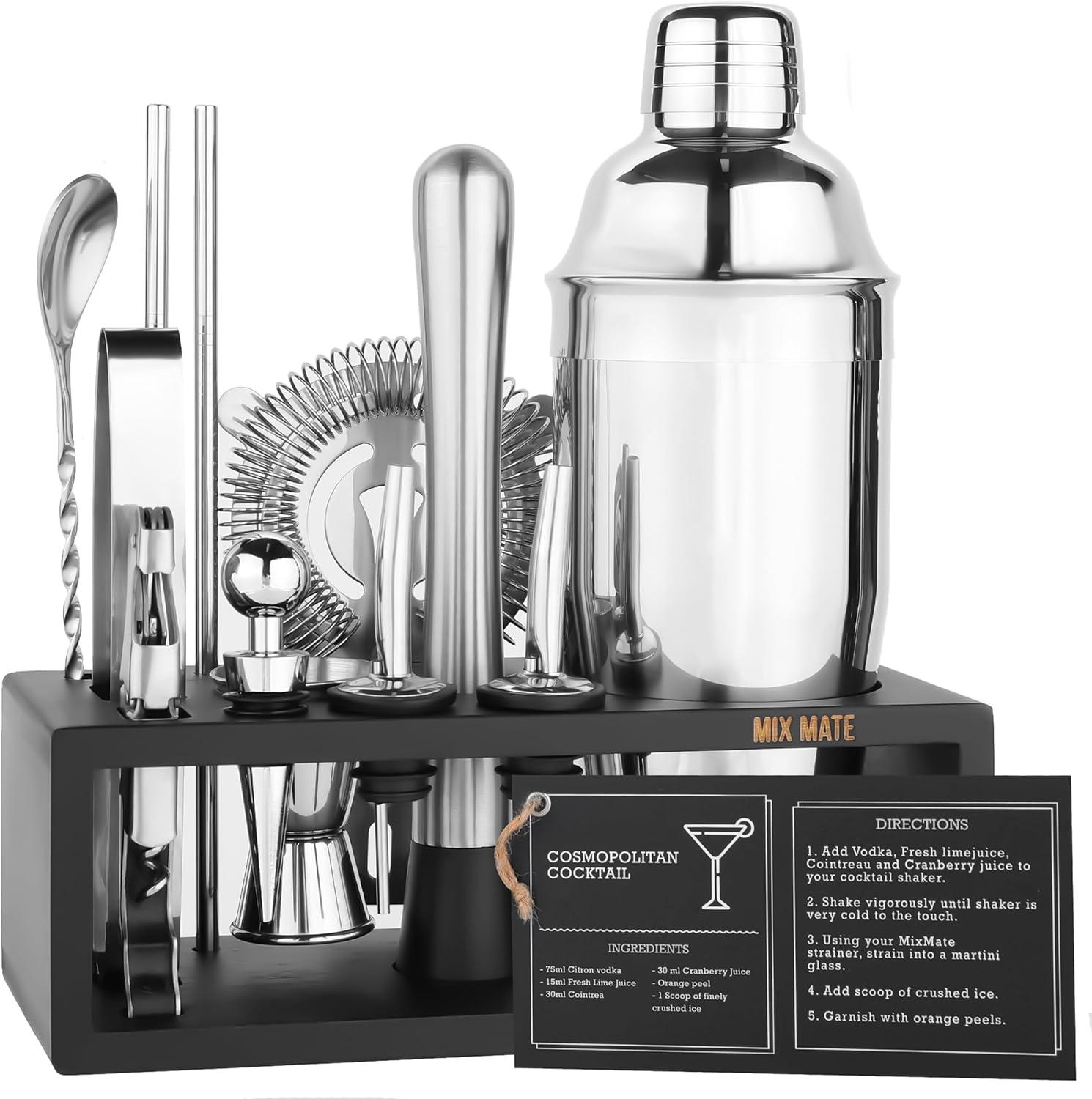 Black Stainless Steel 15-Piece Cocktail Shaker Set with Wood Stand