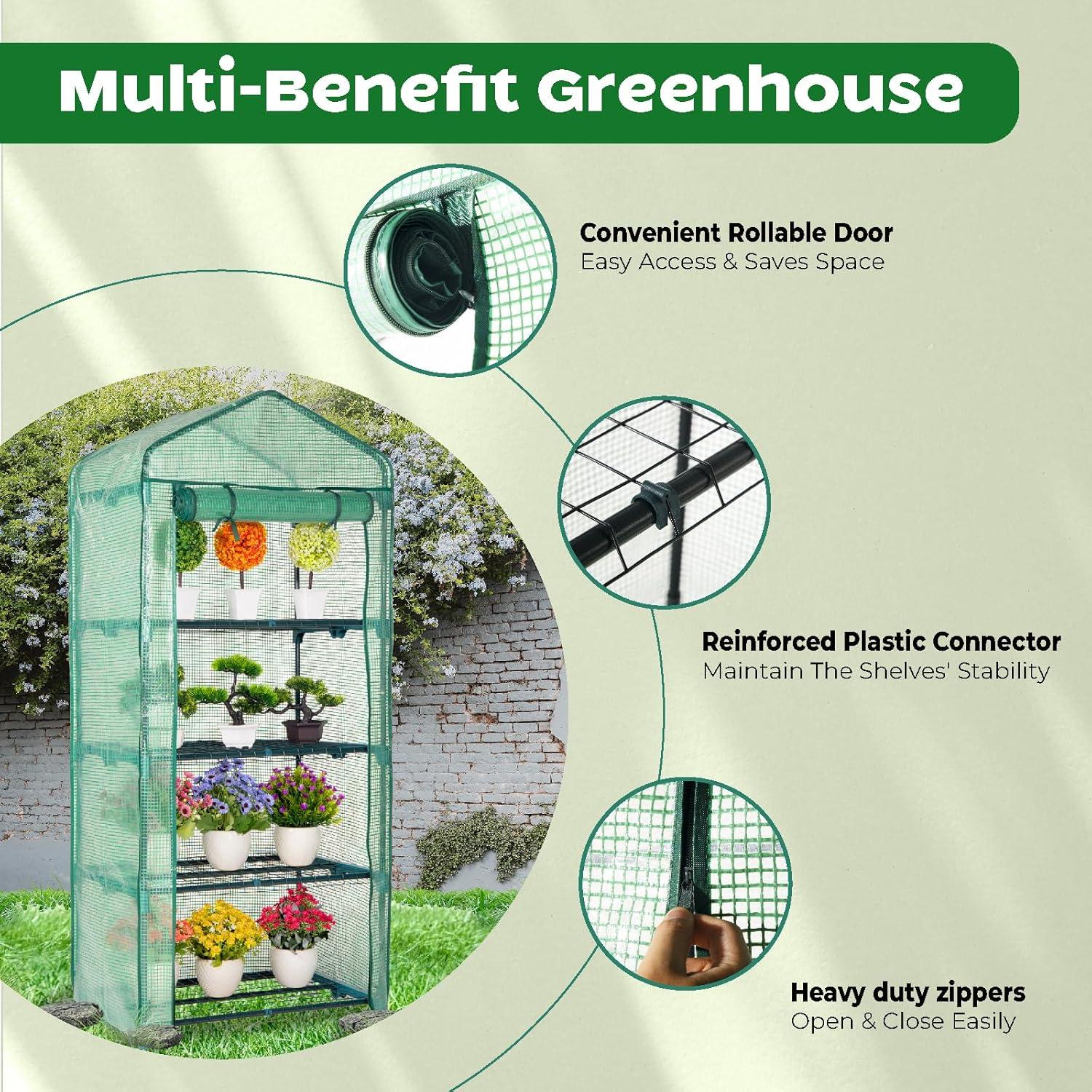 Compact Green Polyethylene 4-Tier Roll-Up Door Greenhouse