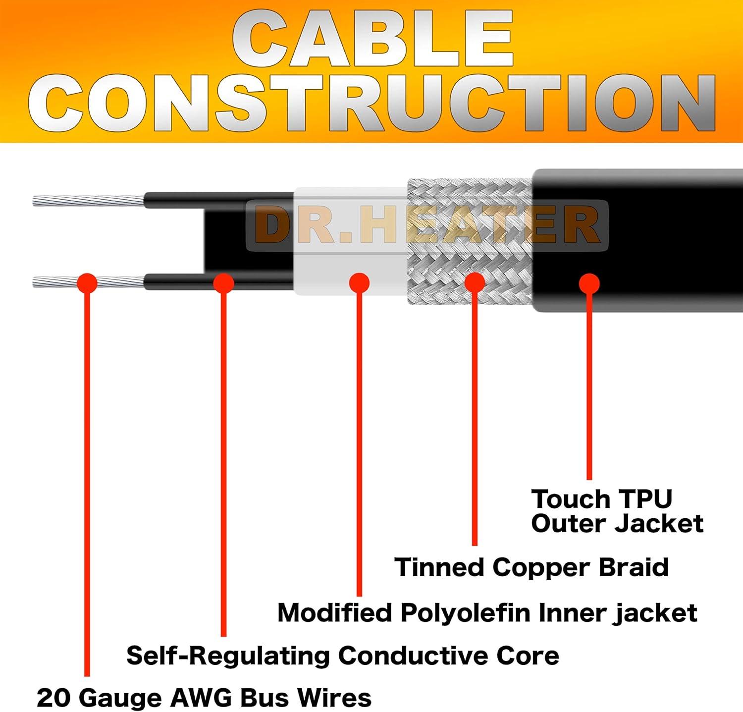 Dr. Infrared Heater DR. INFRARED HEATER DR-9RC1125 Heating Cables for Pipes and Roof De-Icing, Self-Regulating with Built-in Thermostat, 120V, 12W/ft, 1500W, 125FT