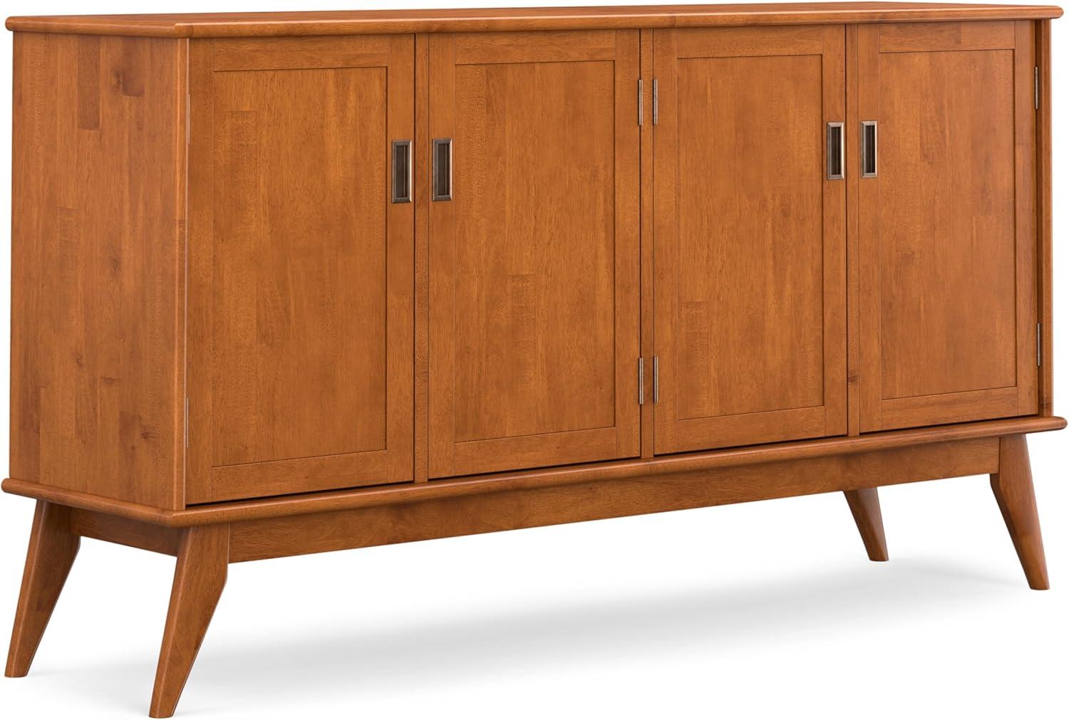 Simpli Home Draper Solid Hardwood Mid Century 4 Door Sideboard Buffet In Teak Brown