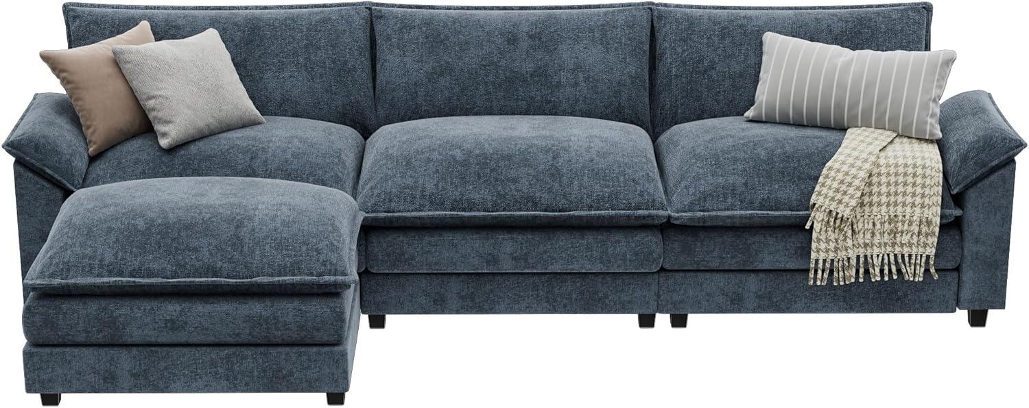 Blue Chenille Fabric L-Shaped Sectional Sofa with Ottoman