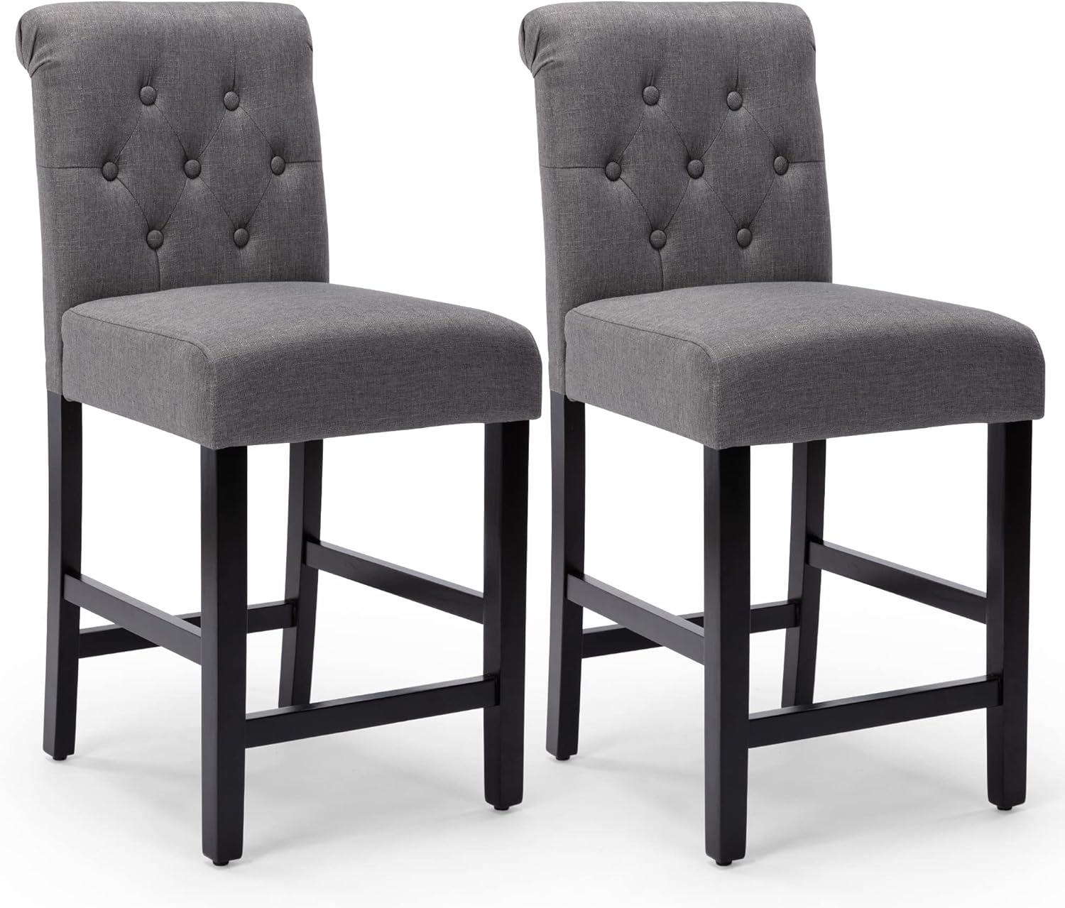 Gray Upholstered Tufted 24-Inch Bar Stools with Wood Legs, Set of 2