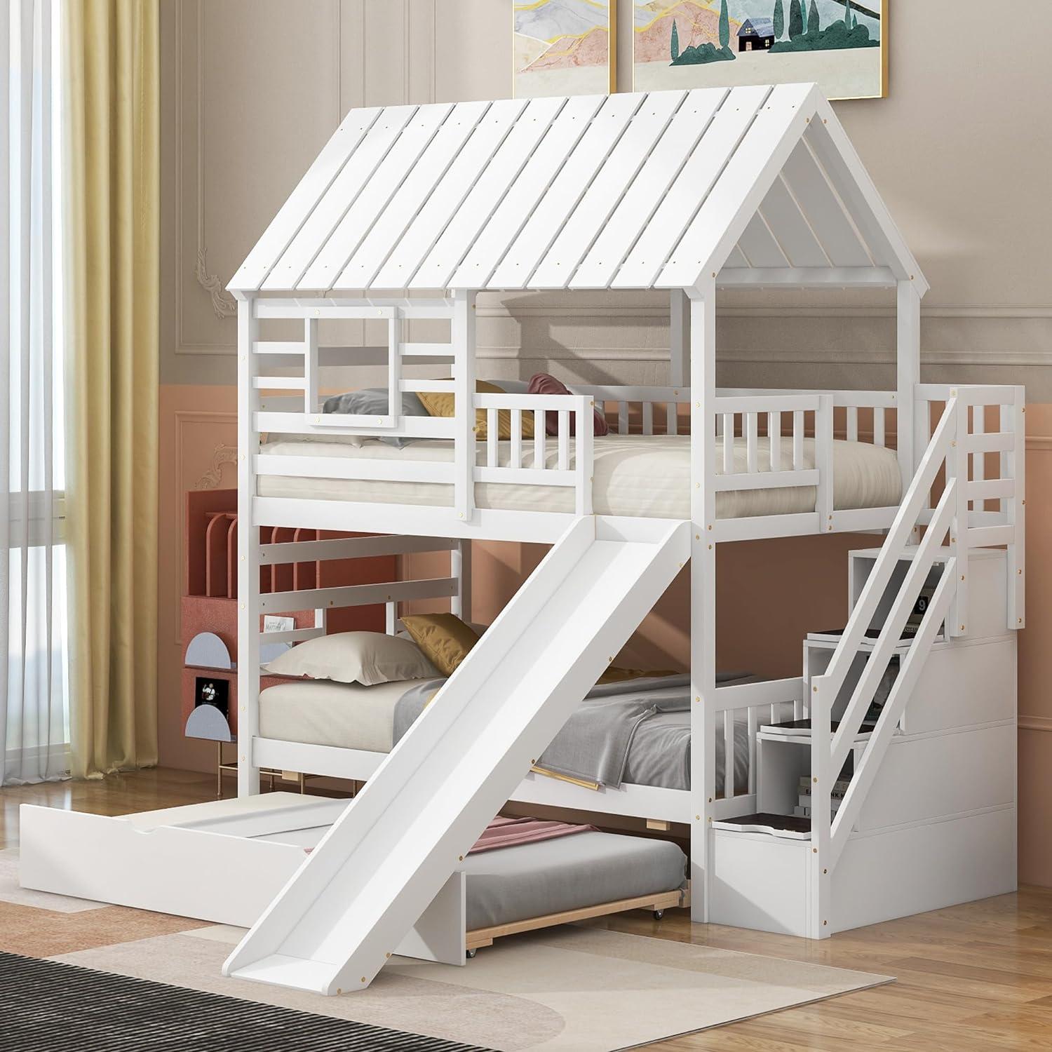 Harper Orchard Twin Over Twin House Bunk Bed With Trundle And Slide