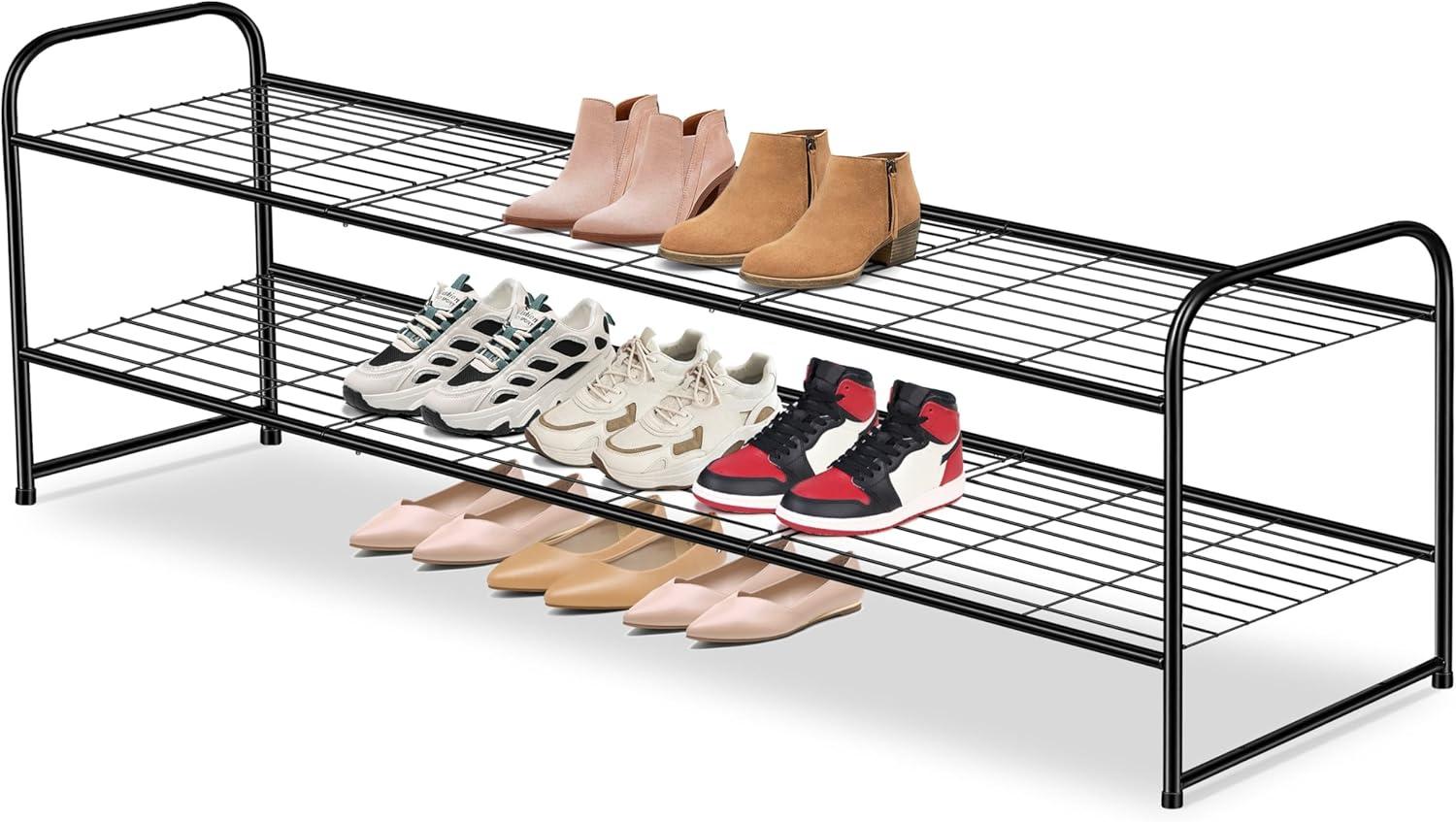 Long 2 Tier Shoe Rack for Closet Metal Wide Stackable Shoe Storage Organizer for Entryway, Bedroom, Floor, 18-Pairs Low Shoe Shelf, Black