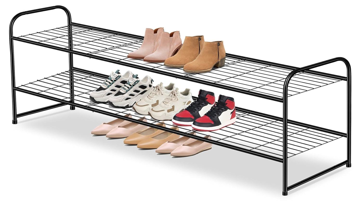 Long 2 Tier Shoe Rack for Closet Metal Wide Stackable Shoe Storage Organizer for Entryway, Bedroom, Floor, 18-Pairs Low Shoe Shelf, Black