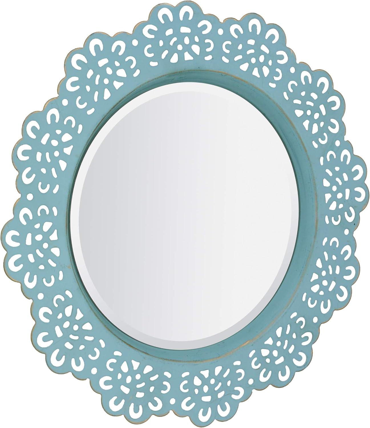 Blue Round Metal Lace Hanging Wall Mirror with Brass Highlights