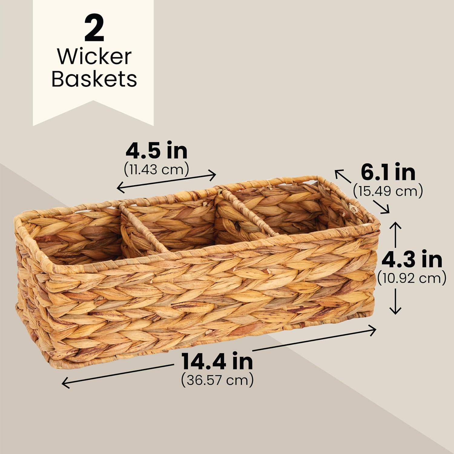 Farmlyn Creek 3-Section Wicker Baskets for Shelves, Water Hyacinth Storage Baskets for Bathroom Organizing, 2-Pack