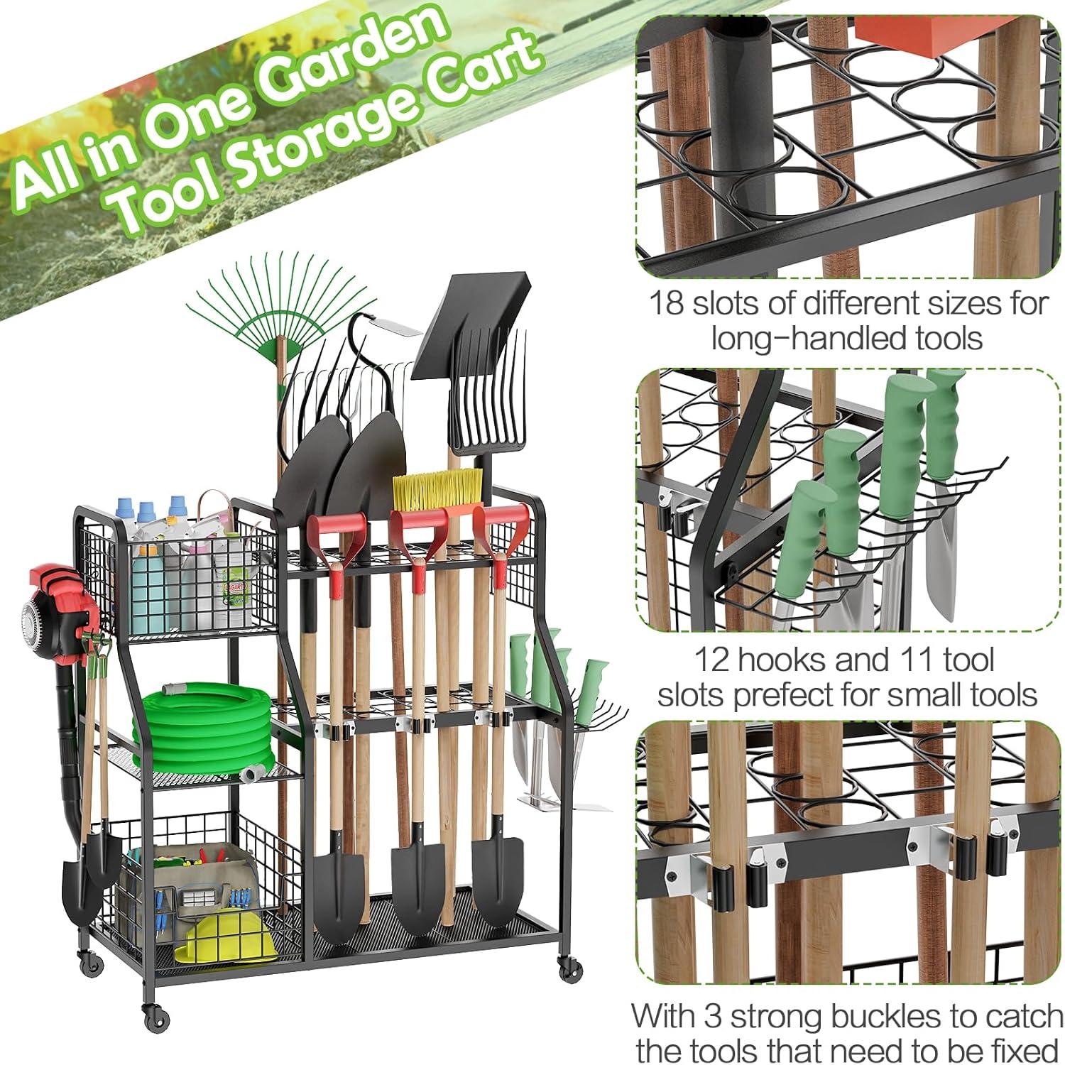Garden Tool Organizer for Garage, 3 Tier Utility Yard Tool Organizer and Storage Holder with Wheels, Large Garden Tool Rack with Extra Storage Basket for Shed/Garage/Yard/Basement/Lawn