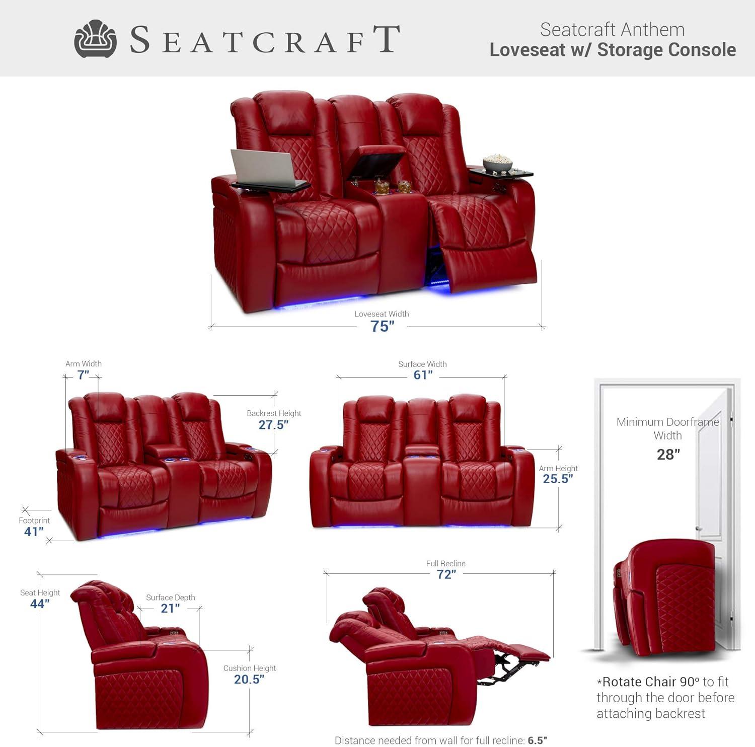 Seatcraft Anthem Home Theater Leather Loveseat Power Reclining 2-Row Seating with Power Headrest, LED lights, Center Table, Cupholders, AC/USB Outlets, and Hidden Storage in Red