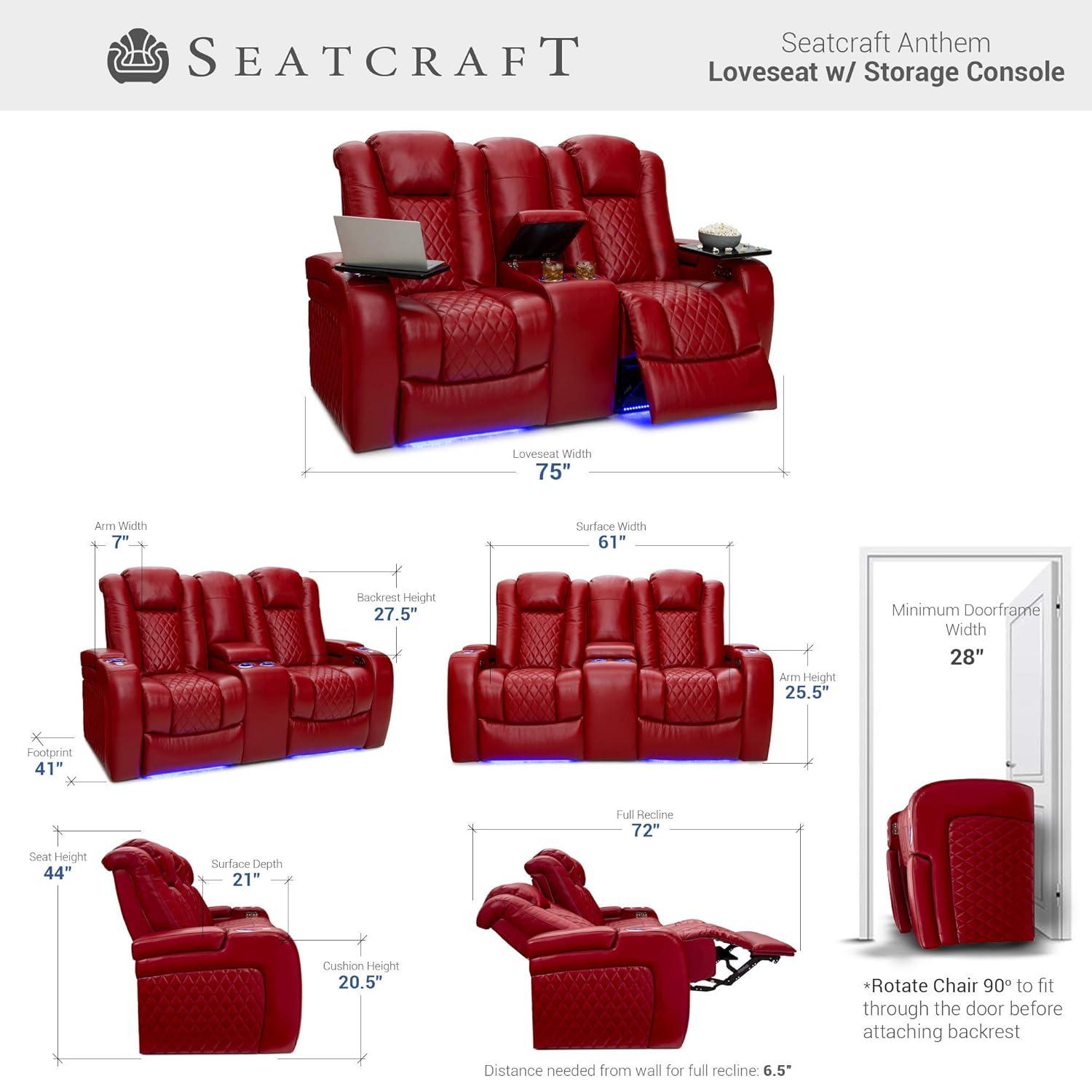 Seatcraft Anthem Home Theater Leather Loveseat Power Reclining 2-Row Seating with Power Headrest, LED lights, Center Table, Cupholders, AC/USB Outlets, and Hidden Storage in Red