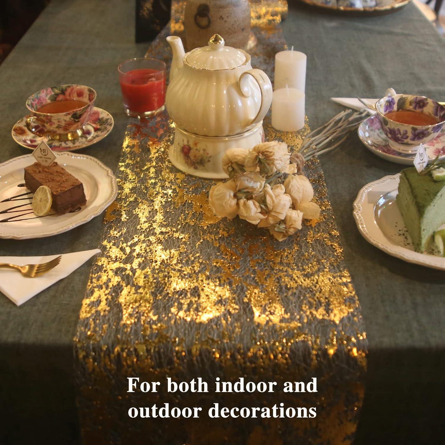 Glitter Metallic Gold Foil Mesh Table Runner - 11 inch x 32 Feet | Elegant Table Decor | Durable Polyester Fiber | Easy to Cut | Enhance Home Decoration