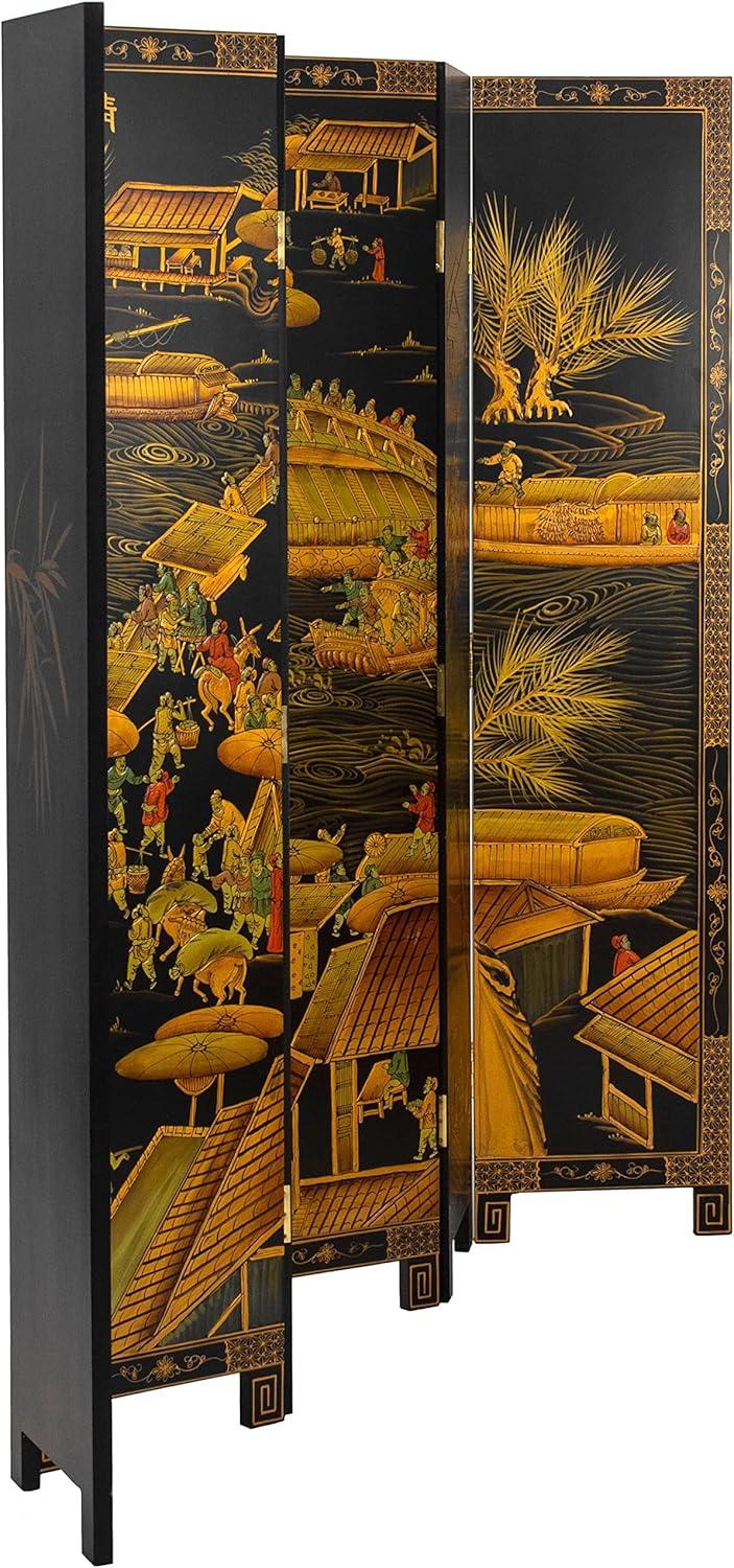 Oriental Furniture 6 ft. Tall Black Lacquer Room Divider - Ching Ming