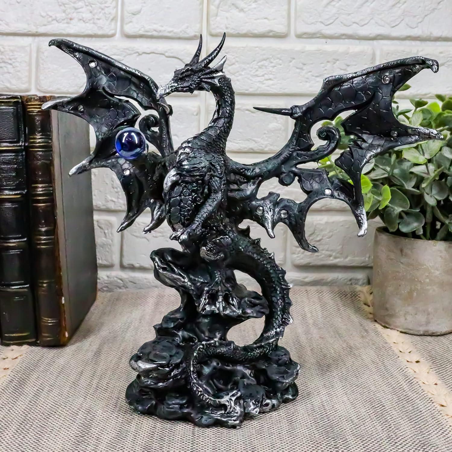 Gothic Black Resin Dragon Statue with Blue Orb