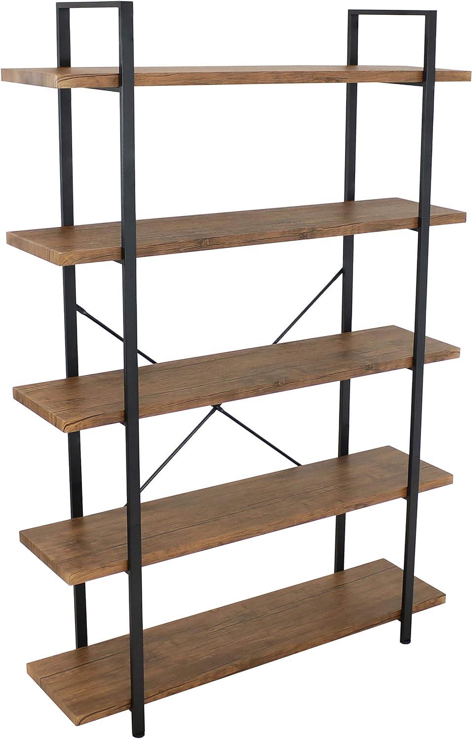 Adjustable Teak Veneer 5-Tier Freestanding Industrial Bookshelf