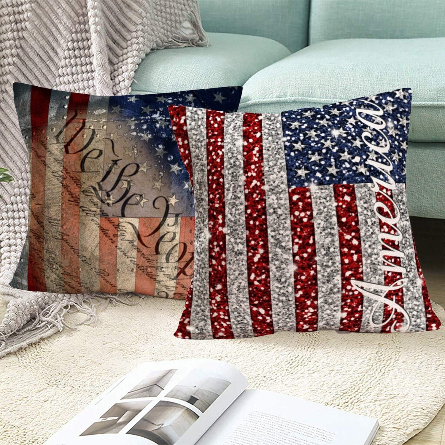 Patriotic USA Flag Cotton Linen Outdoor Pillow Covers Set