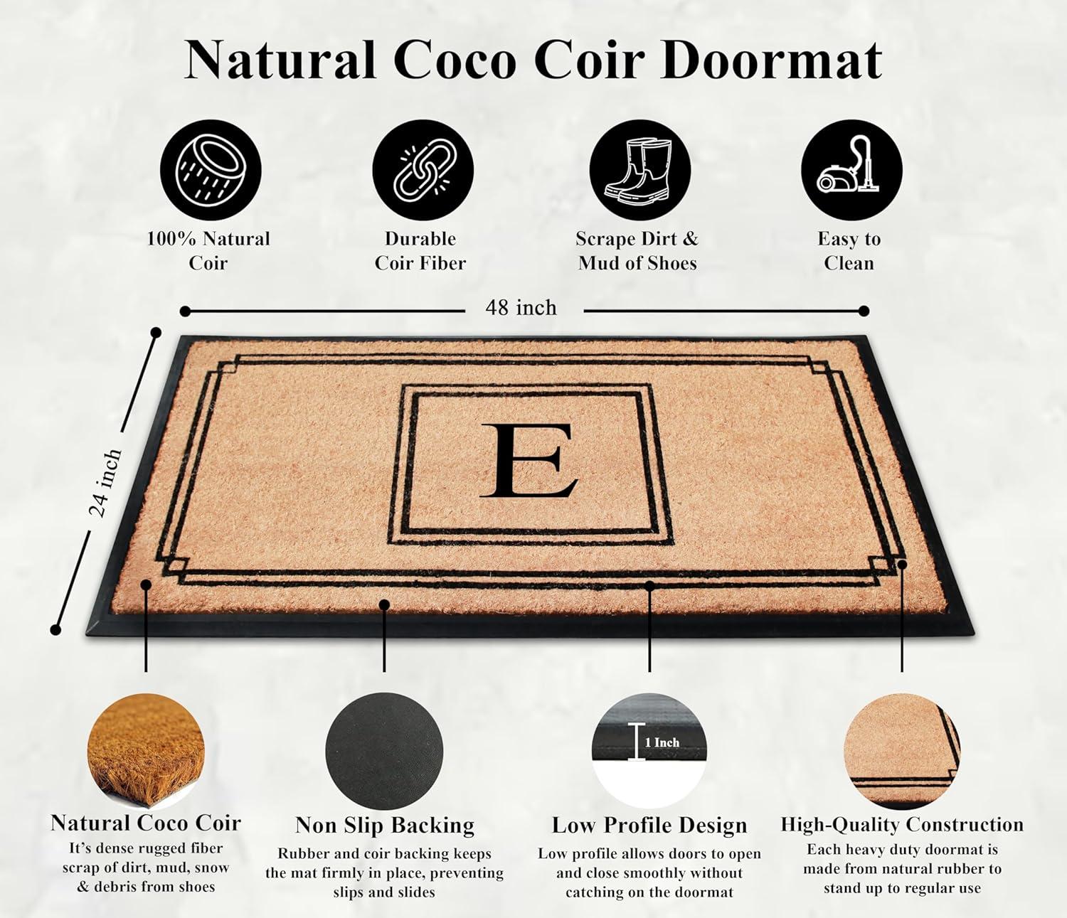 A1HC Rubber & Coir Heavy Duty, Extra Large 24"X47.5", Black/Beige Doormat Monogrammed E