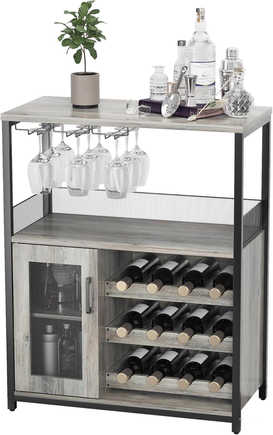 GAOMON Wine Bar Cabinet with Removable Wine Racks and 1 Drawer,Bar Cabinet with Glass Holder and Mesh Door for Liquor and Glasses (Grey)