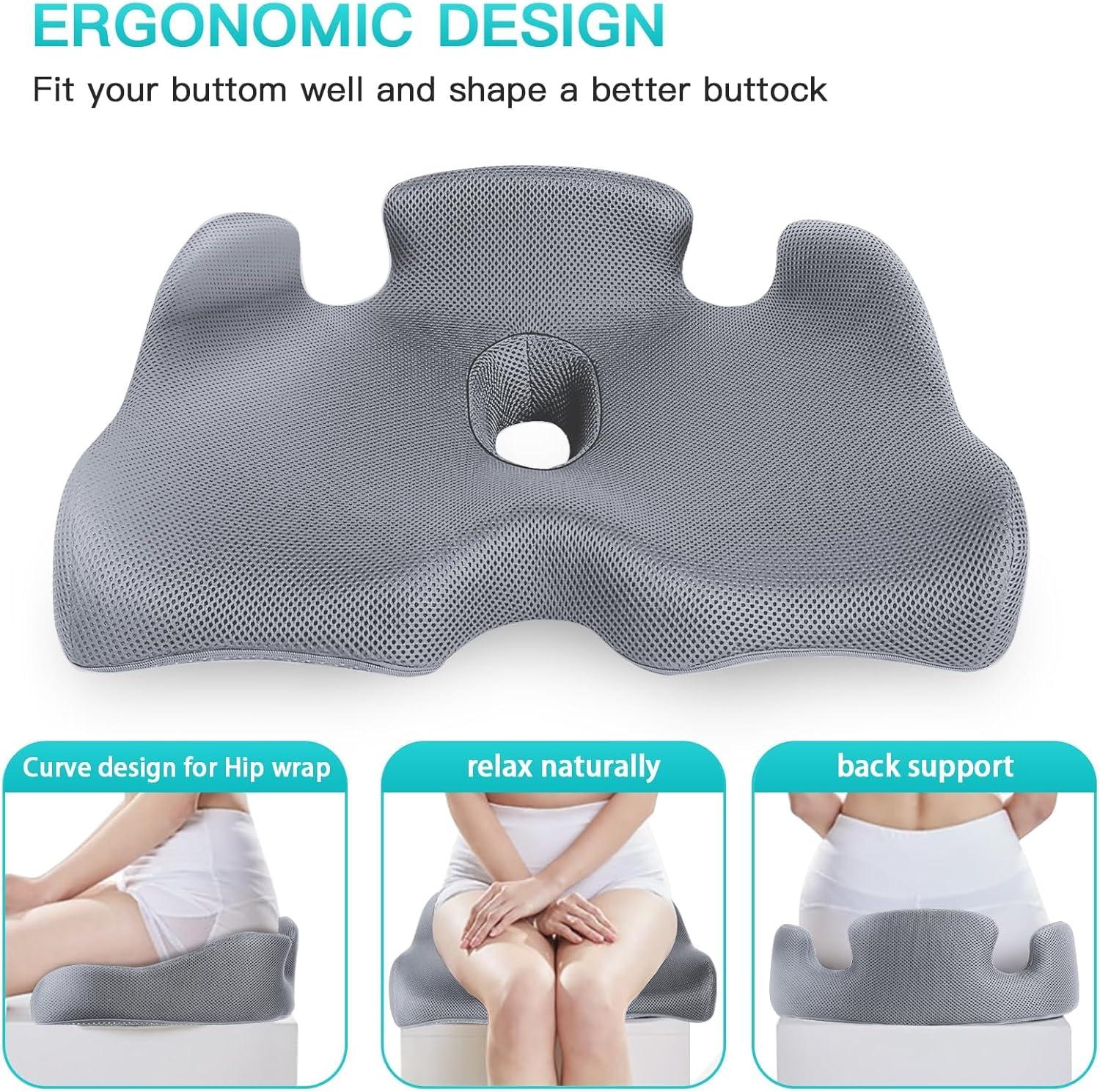 X Large Memory Seat Cushion for Office Chair Sciatica & Back Pain Relief Memory Foam Firm Coccyx Pad for Car, Wheelchair, Gaming Chair and Desk Chair, Gray