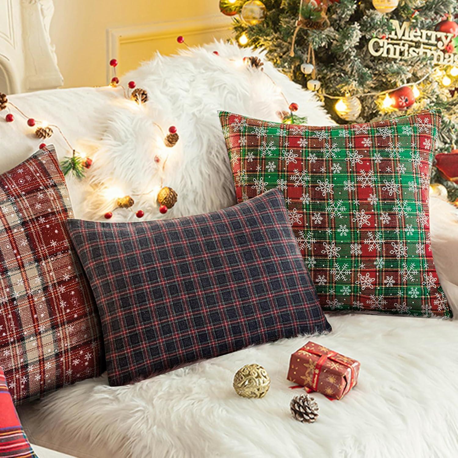 Red and Beige Tartan Plaid Snowflake 18" Polyester Euro Pillow Covers