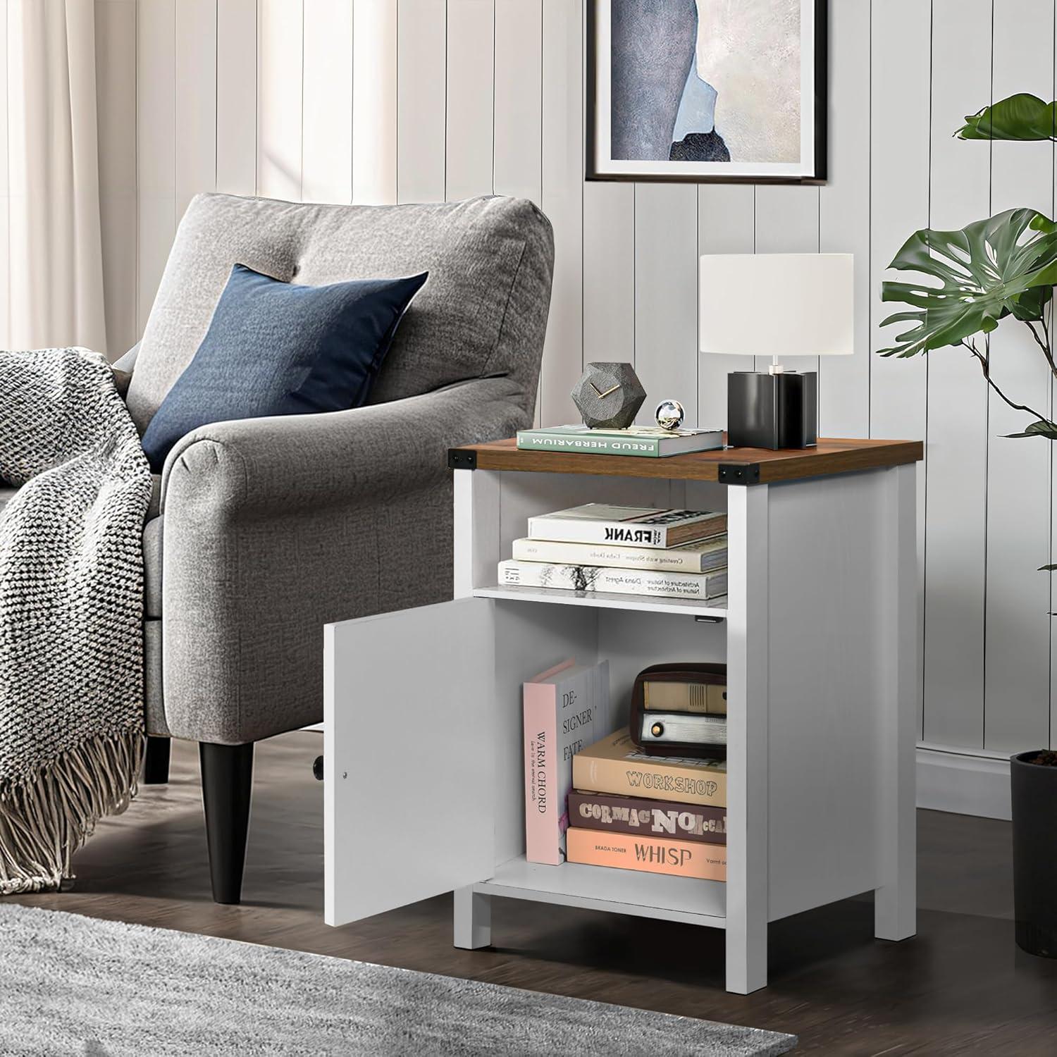 Wood Nightstands with Charging Station End Table Bedside Tables with Barn Door