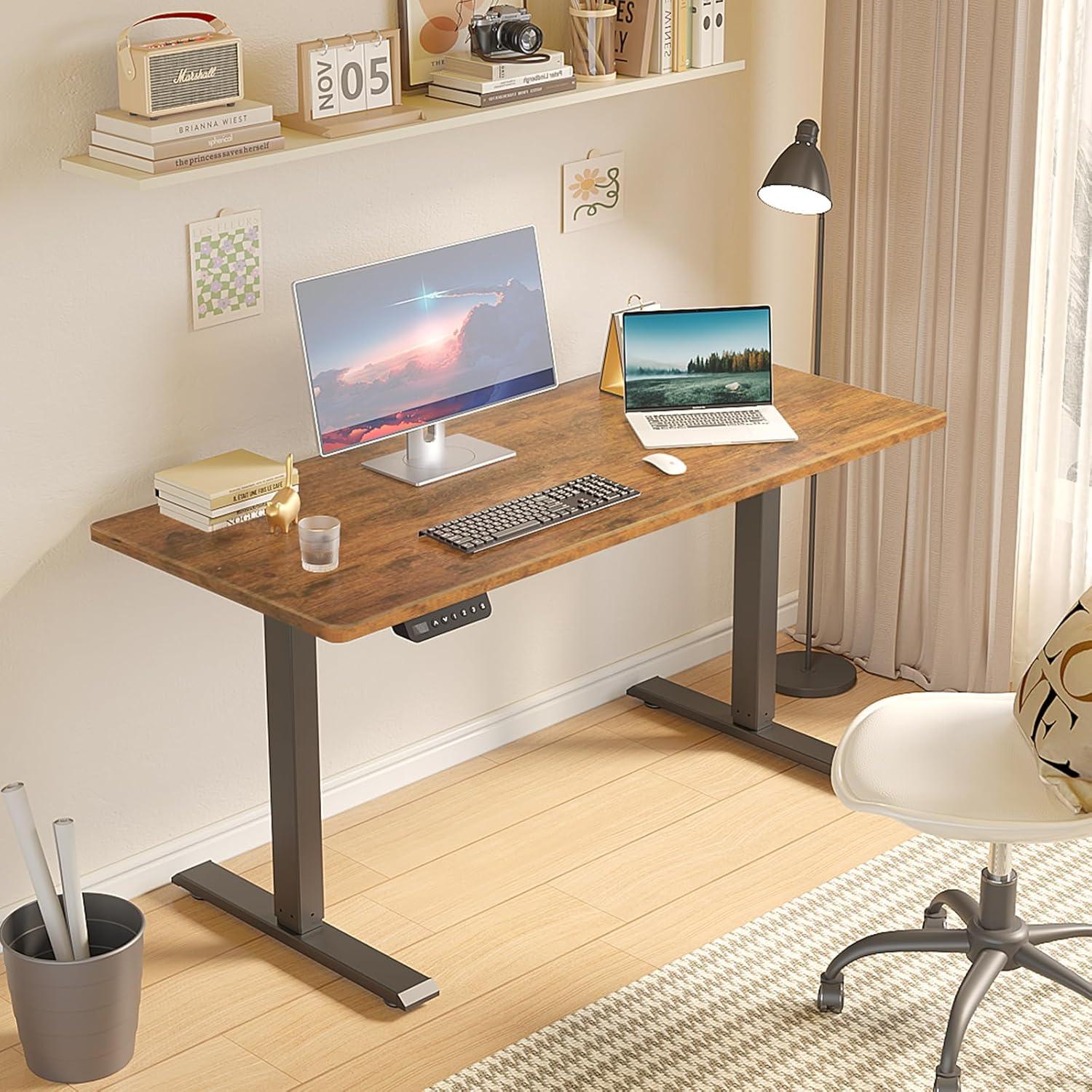 Electric Standing Desk Adjustable Height - Rolling Sit to Stand Desks on Wheels - Mobile Standup Computer Table 48 Inch Brown One Piece Desktop and Rising Frame with Storage for Home Office & Gaming