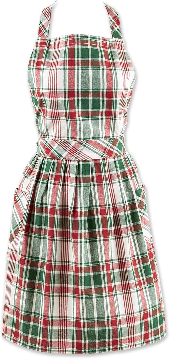 Festive Red and Green Plaid Cotton Apron with Pockets