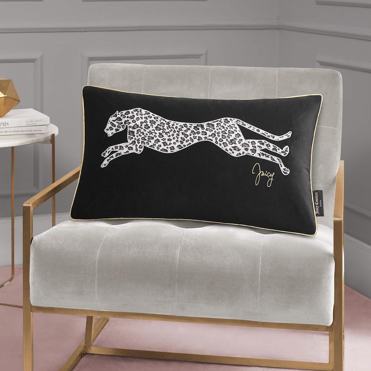 Black Velvet Rectangular Embroidered Cheetah Throw Pillow