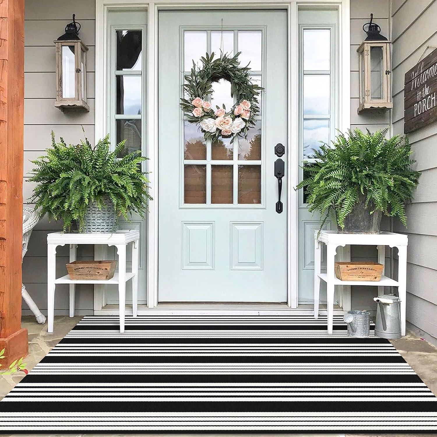 IOHOUZE Navy and White Striped Rug 2'x3' Front Door Rugs, Small Washable Area Rug for Front Porch, Spring Summer Doormats Outdoor Indoor, Cotton Rugs for Entryway Porch Entrance