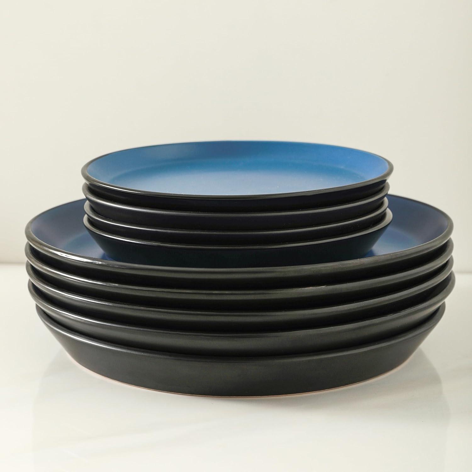 Blue and Black Ceramic 32-Piece Dinnerware Set, Service for 8