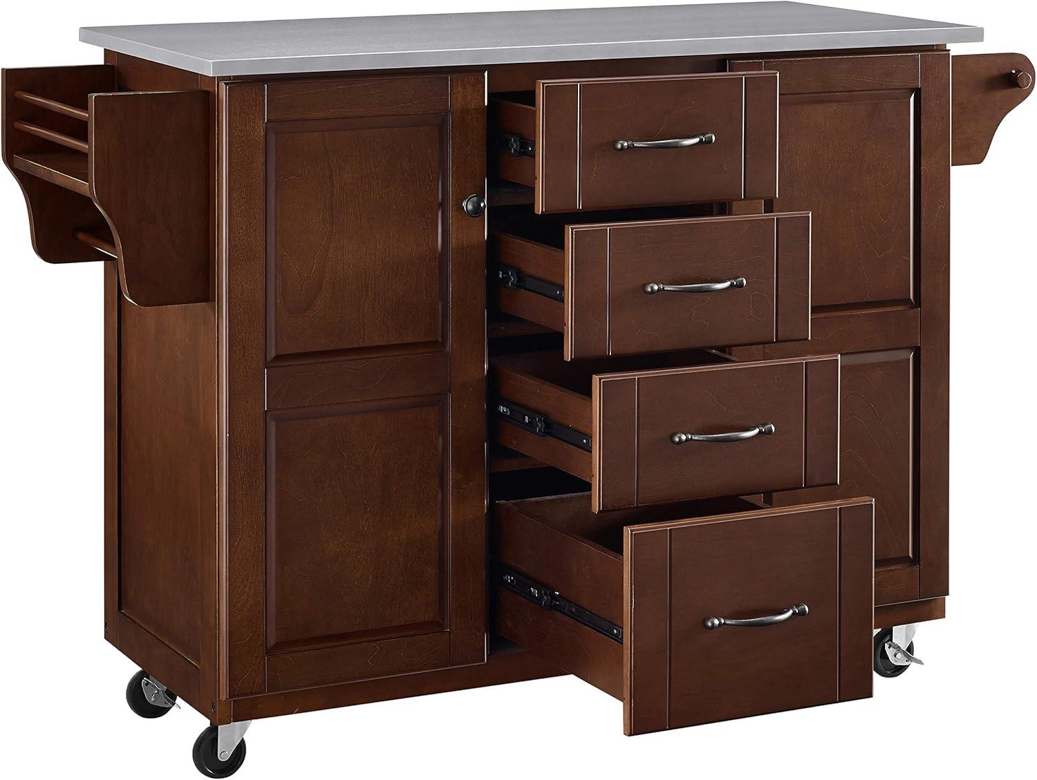 Eleanor Stainless Steel Top Kitchen Cart Mahogany/Stainless Steel - Crosley: 2 Cabinets, Spice Rack, 4 Drawers