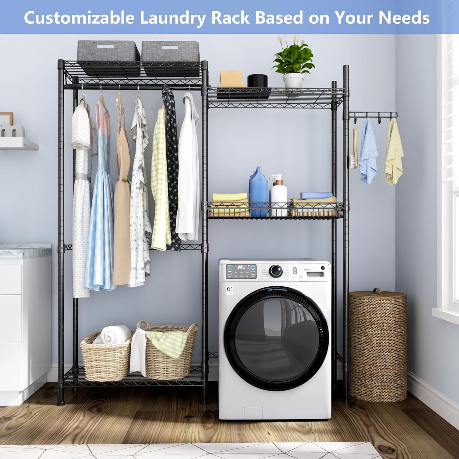 Black Adjustable 4-Tier Laundry Room Storage Rack with Hanger Rod