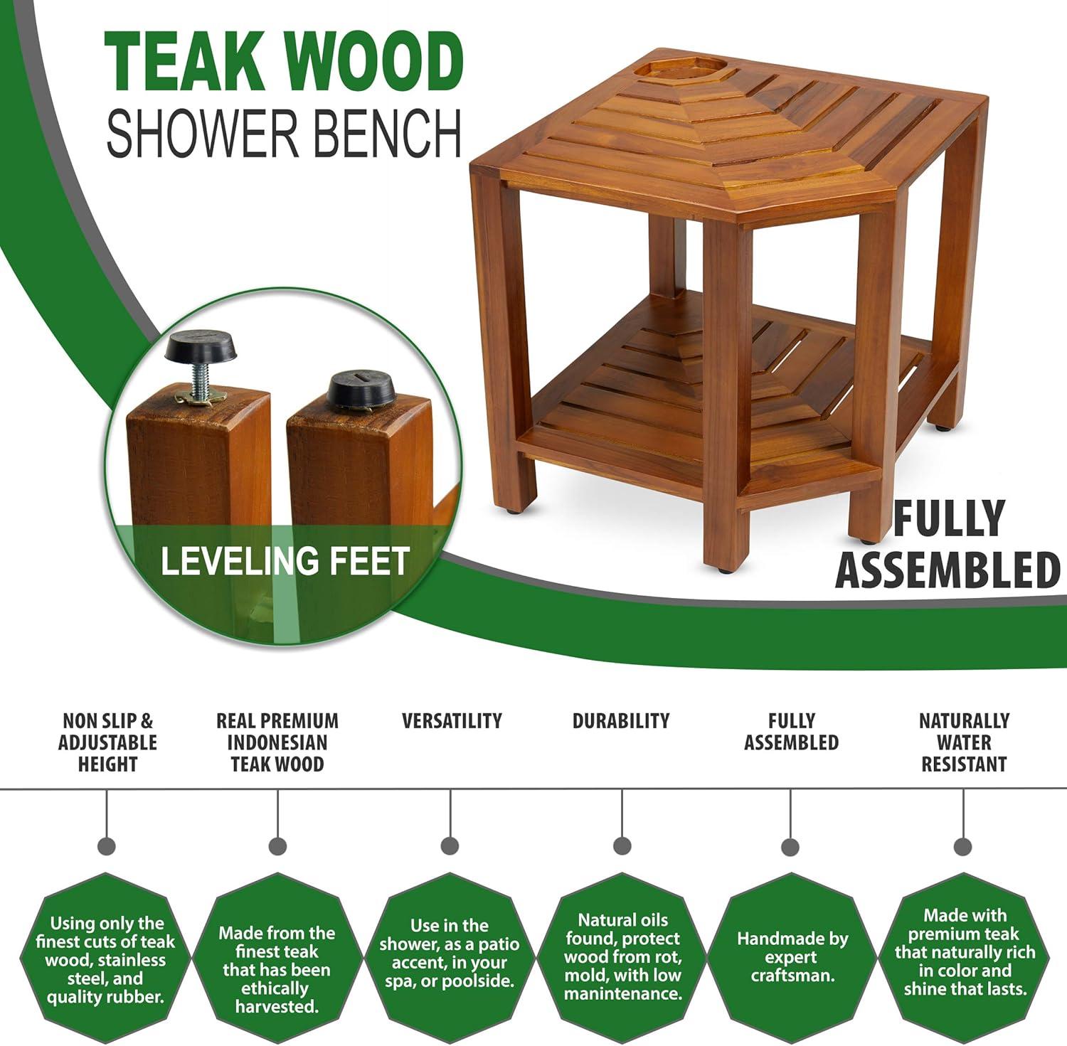 Teak Corner Shower Bench with Shelf and Adjustable Feet