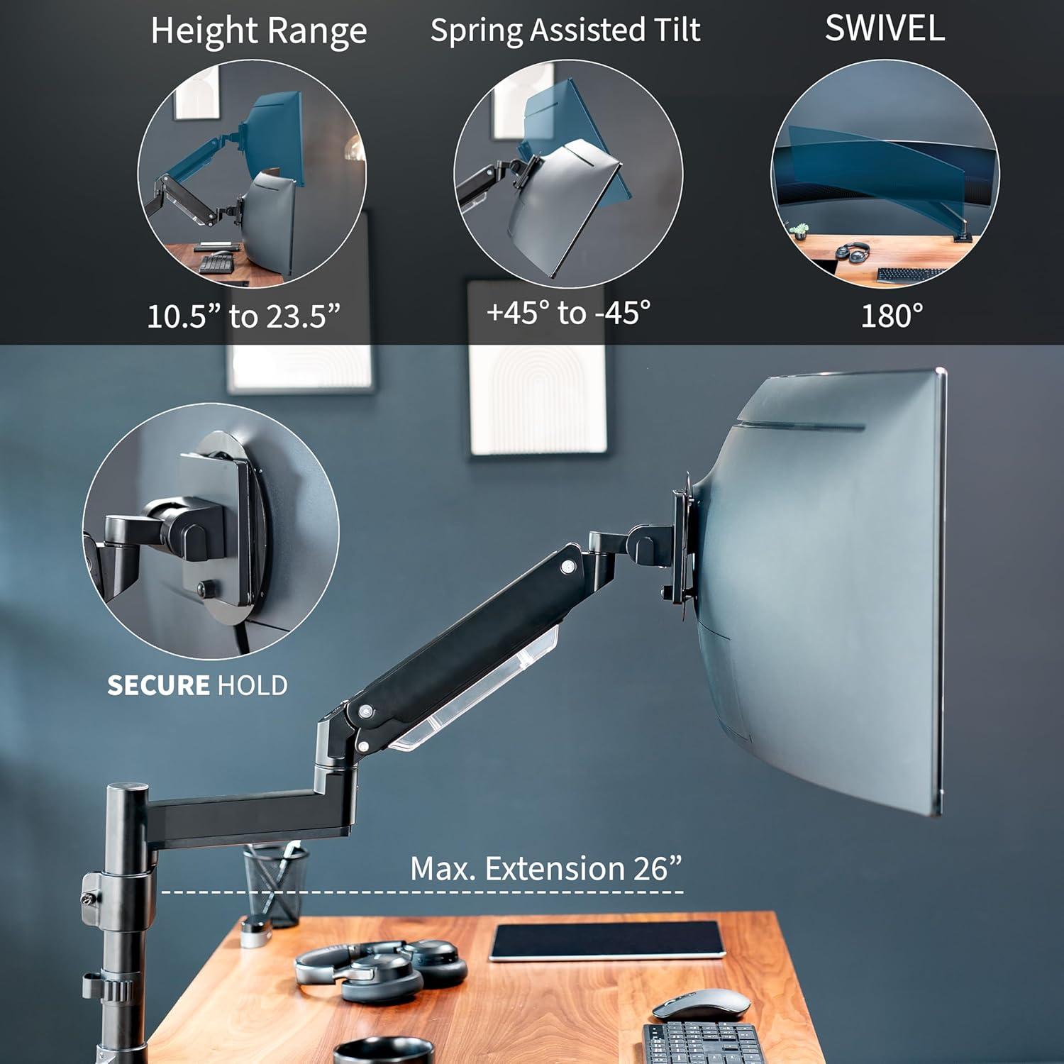 Pneumatic Arm Single Monitor Desk Mount with USB