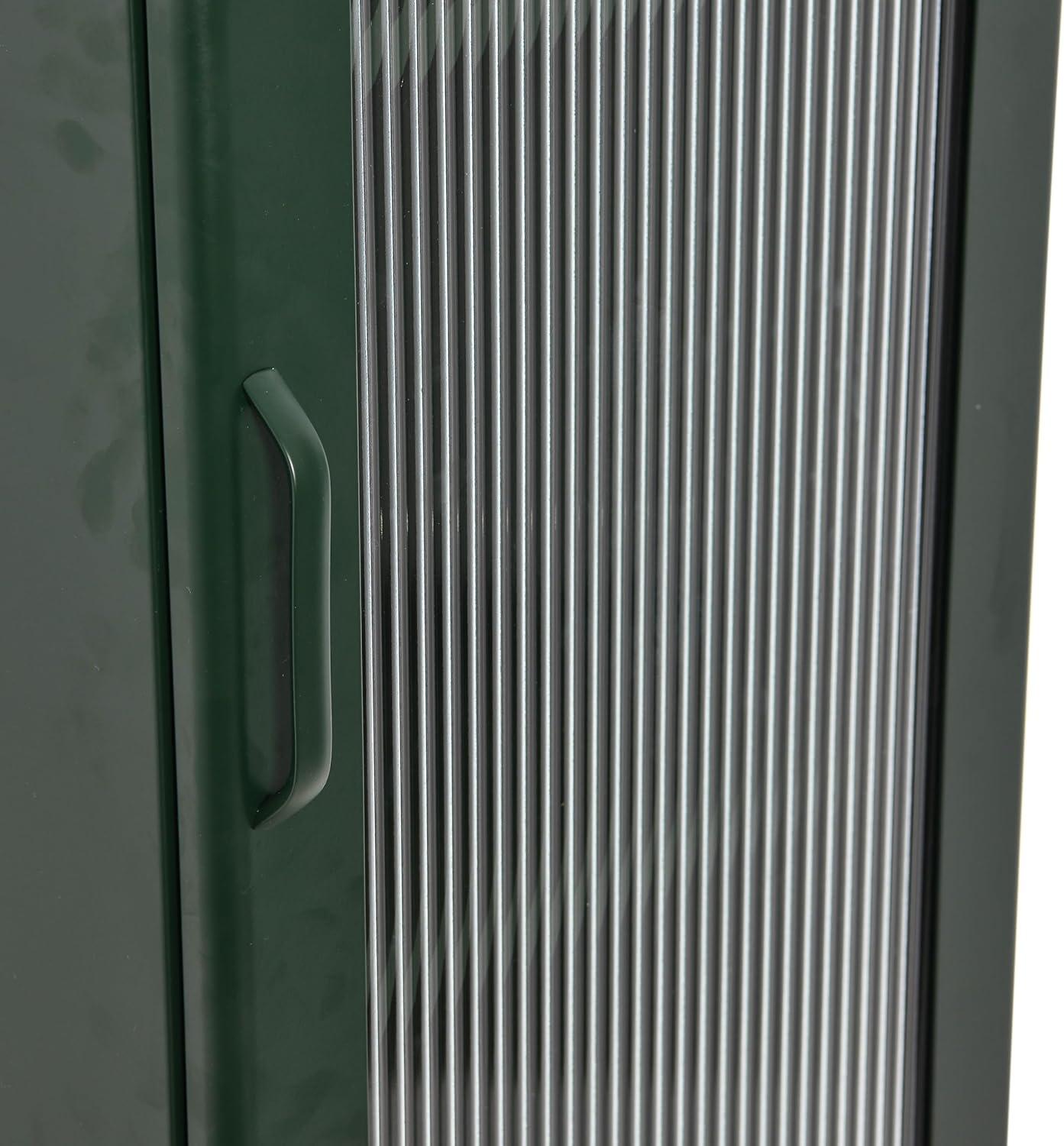 Storied Home Tall Metal Accent Cabinet: Arched Glass, 4 Shelves, Dark Green, 57" H