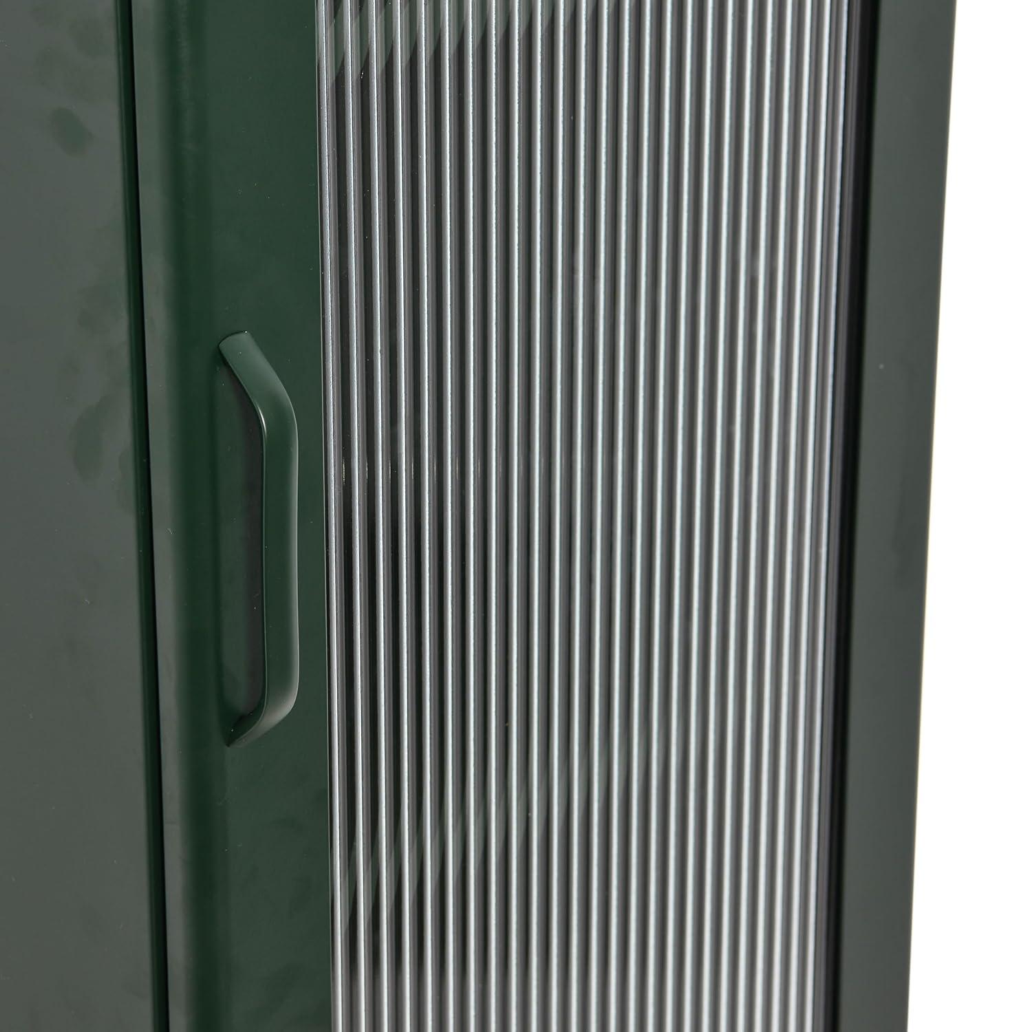 Storied Home Tall Metal Accent Cabinet: Arched Glass, 4 Shelves, Dark Green, 57" H